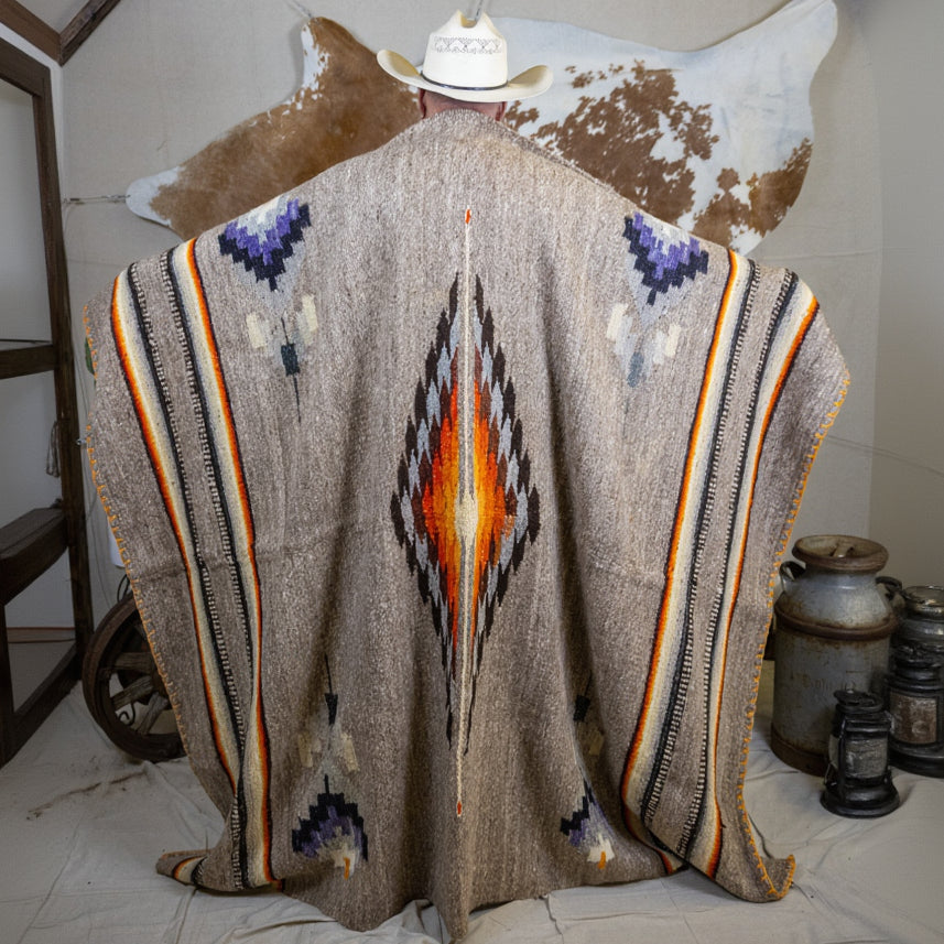 Authentic Vintage Southwestern Gray Woven Blanket with Colorful Native Design and Orange Accent Stitching