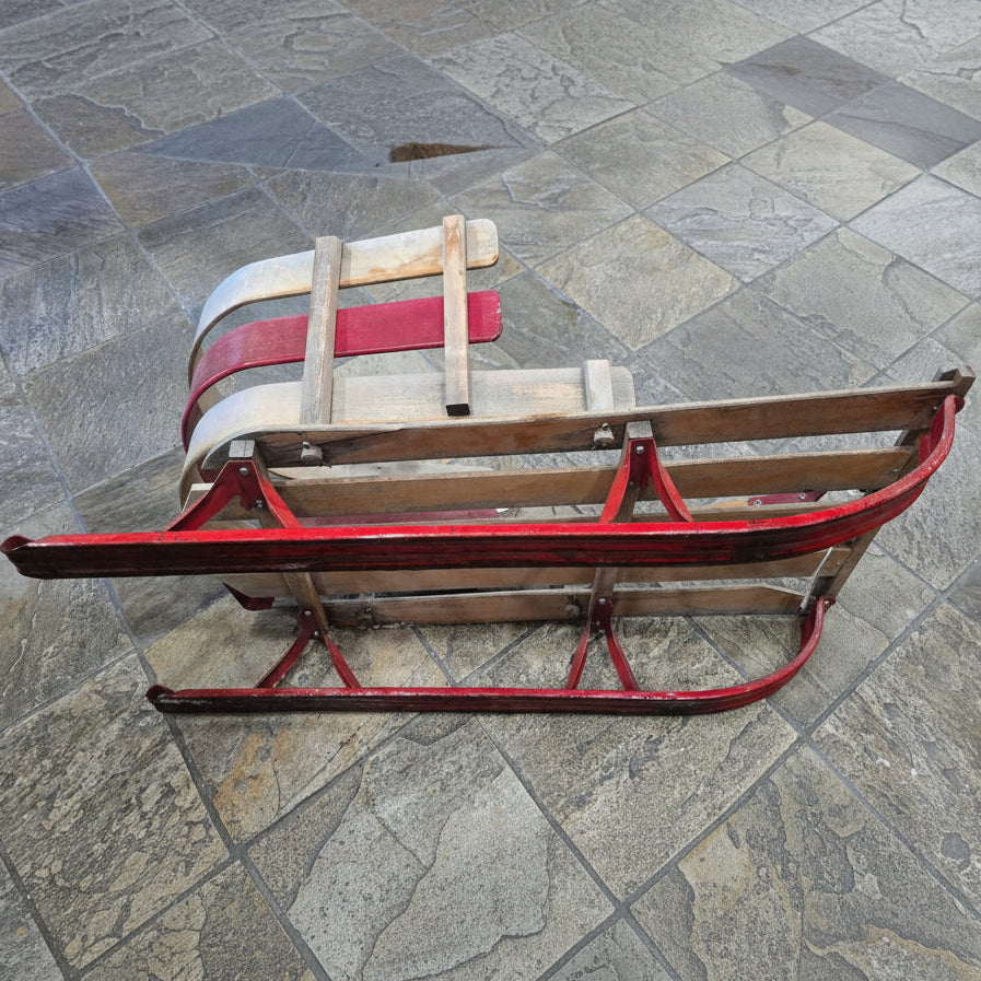 Vintage Wooden Sled With Steel Runners Red Accents & Wooden Handle