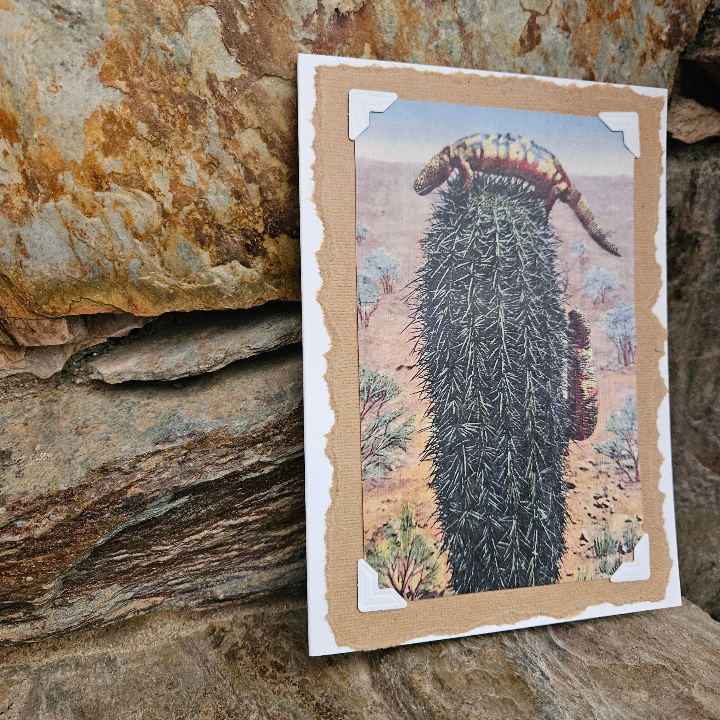 Beautifully Hand Crafted Custom Created Greeting Card Series by Diane Stegman "Two Gila Monster Lizards Climbing a Cactus"
