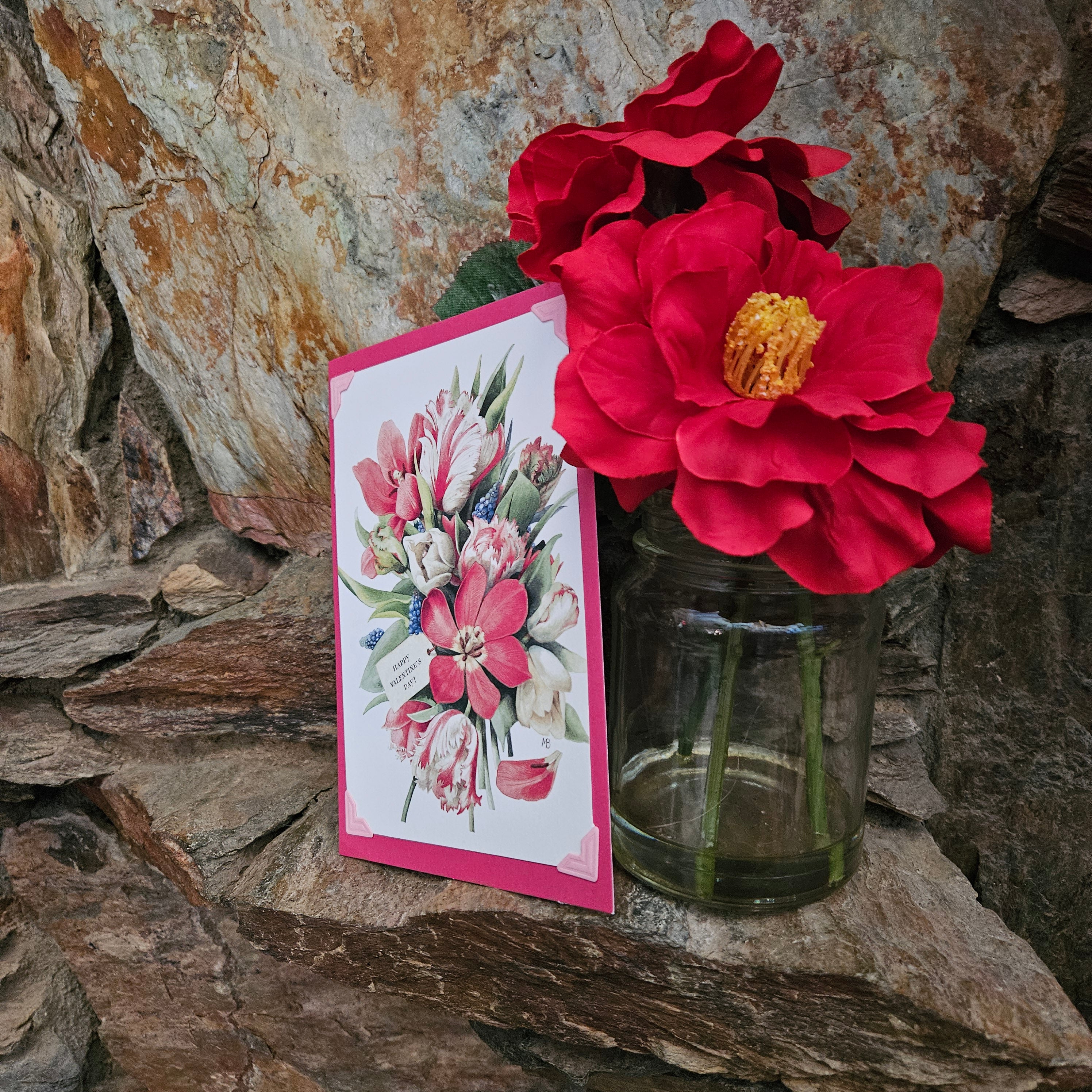 Beautifully Hand Crafted Custom Created Greeting Card Series by Diane Stegman "Red Flower Boquet"