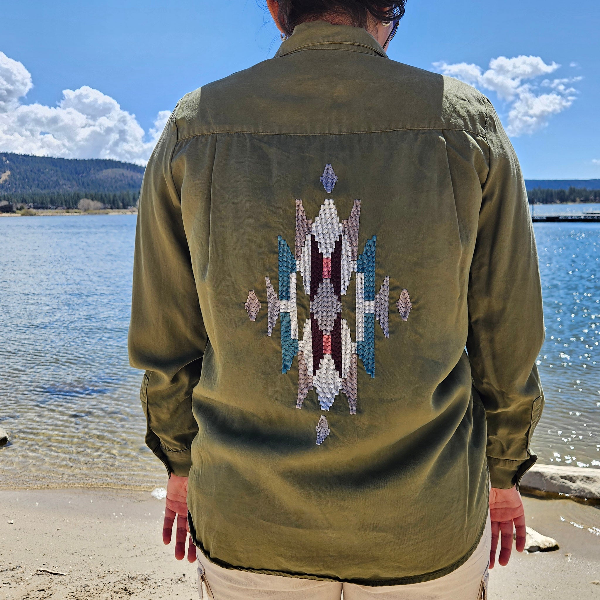 Vintage Pendleton Olive Green Women's Long Sleeve Button up with Navajo Geometric Embroidered Design