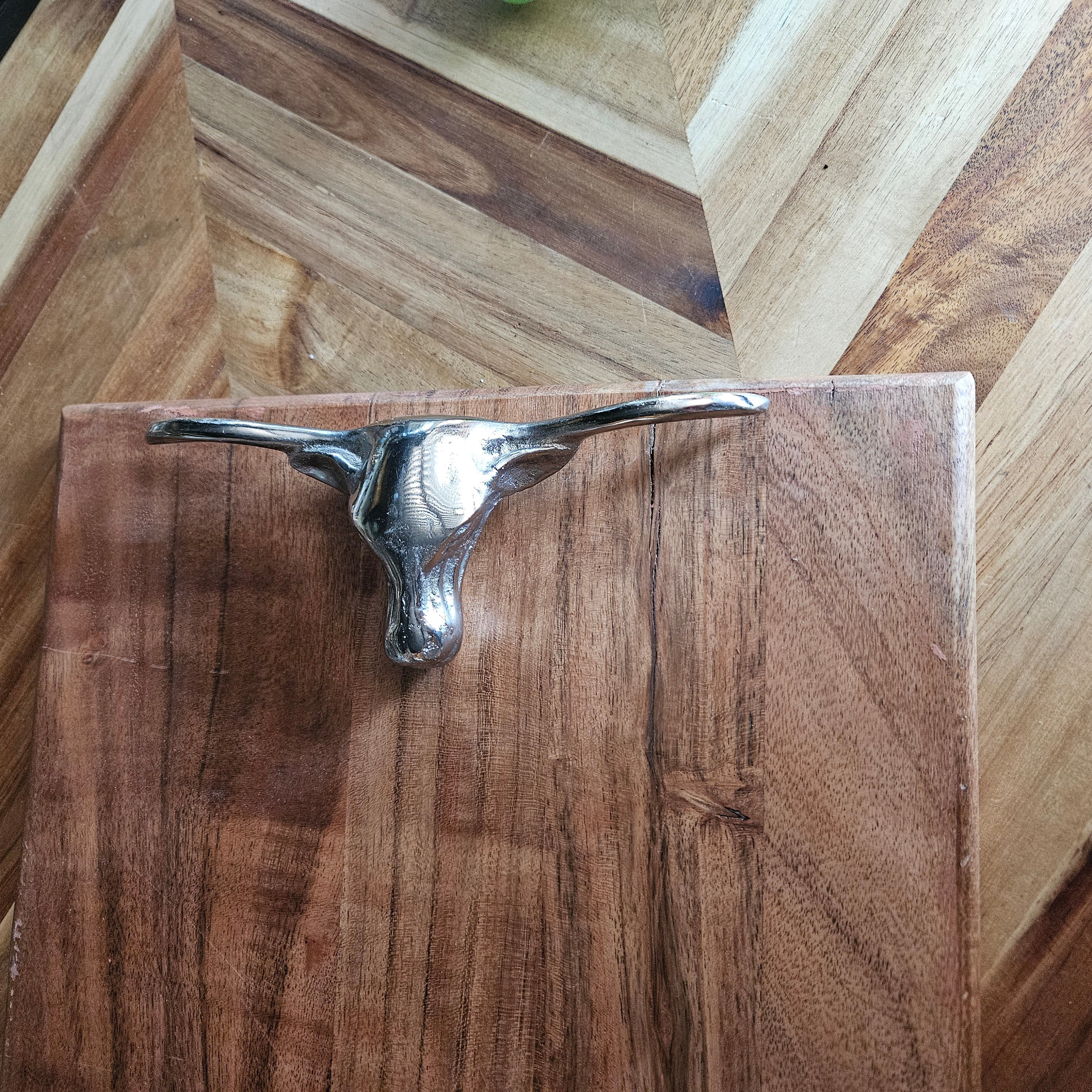 Wood Serving Tray with Metal Bull Handles