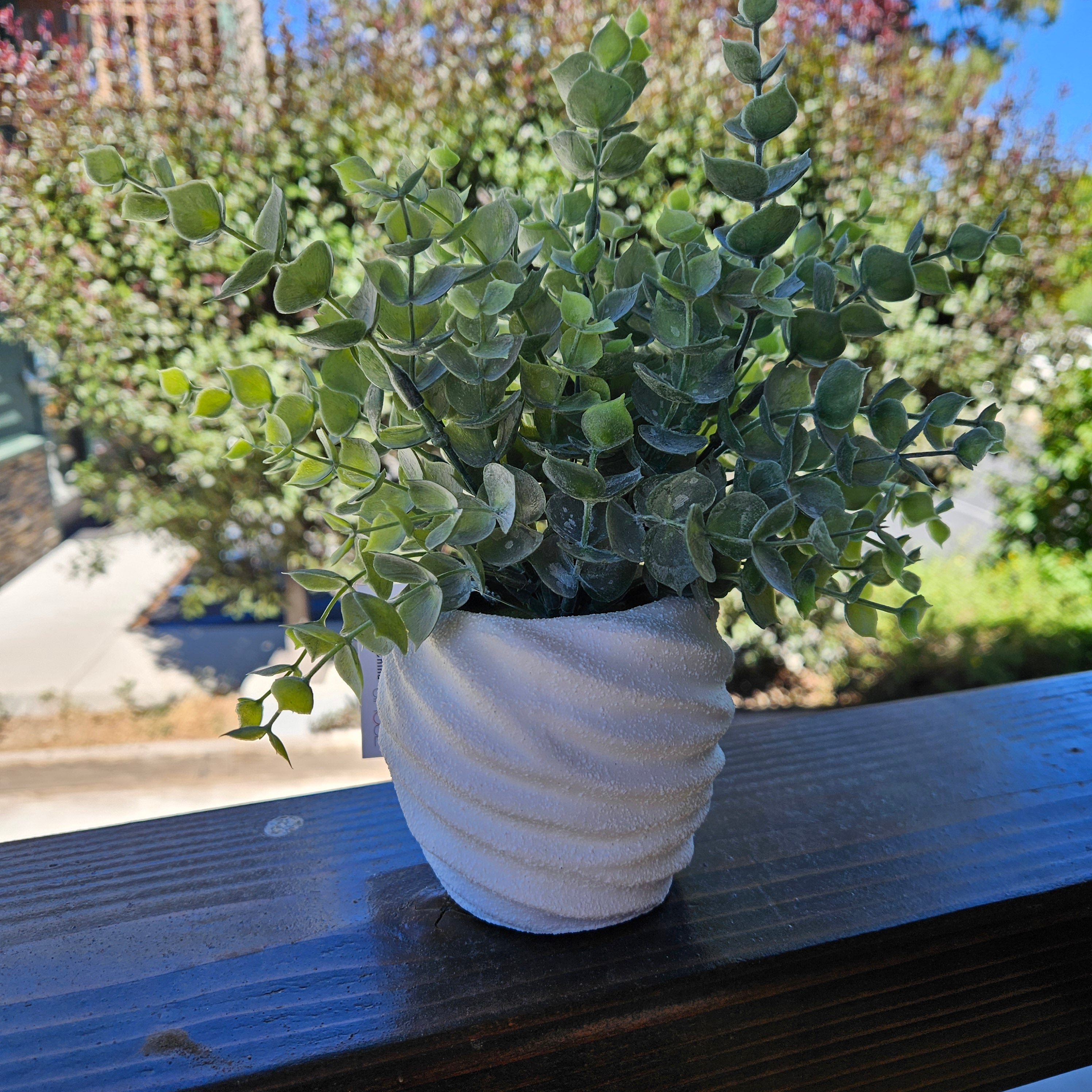 Faux Powered Eucalyptus Plant in a Rounded Ripple Ceramic Pot