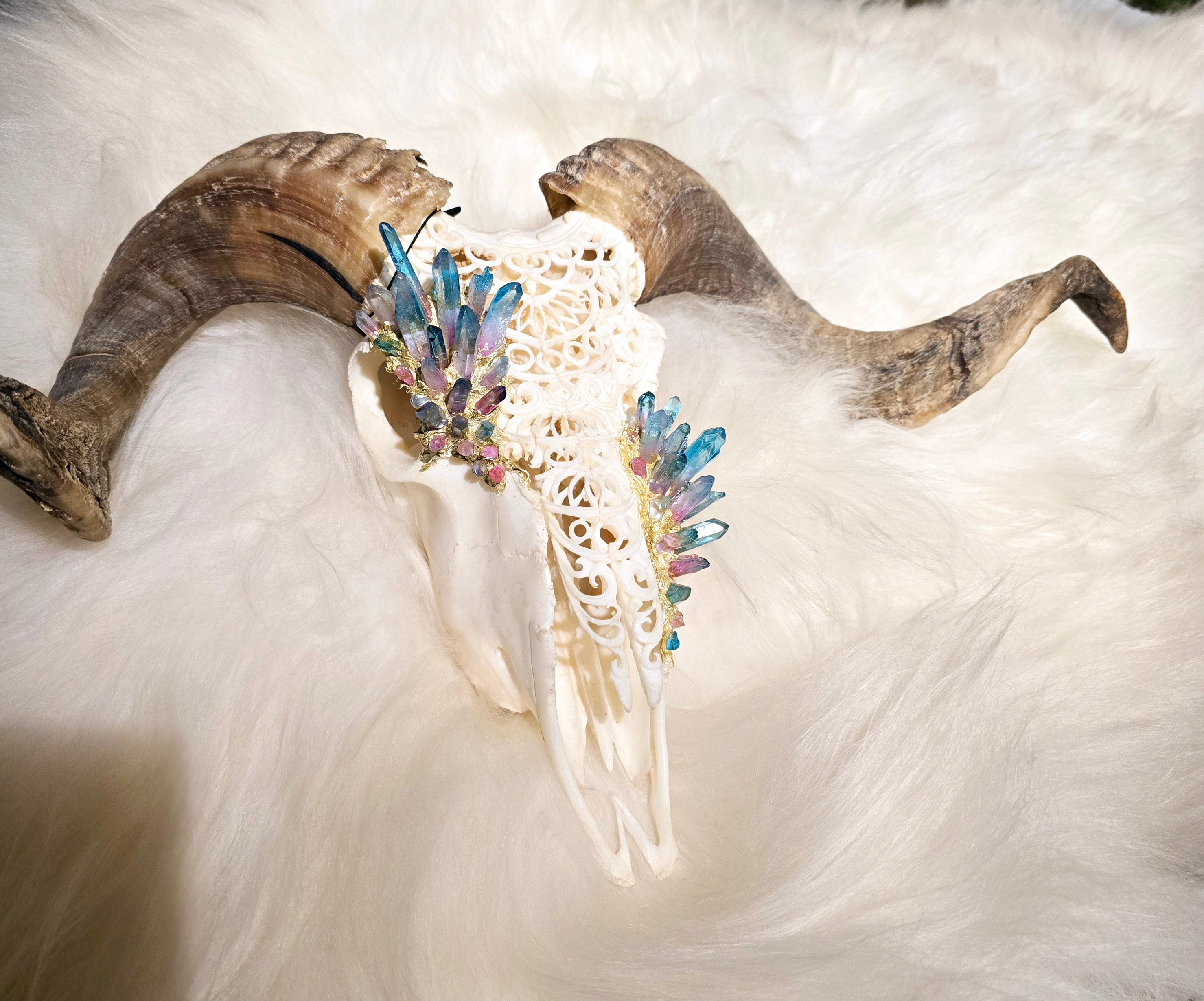 Custom Carved Bull Skull with Inlayed Integrated Crystals