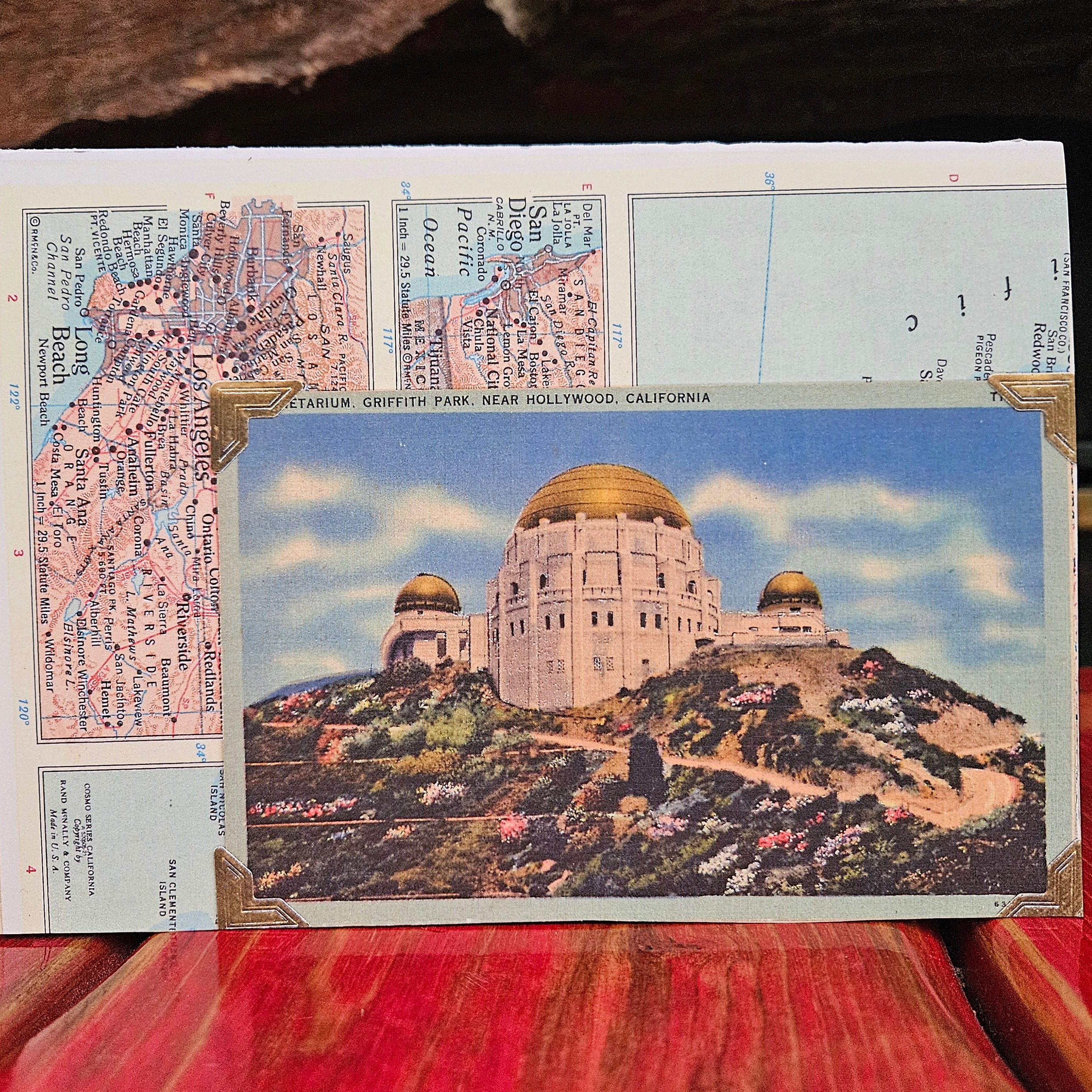 Beautifully Hand Crafted Custom Created Greeting Card Series by Diane Stegman "Griffith Park, California" greeting cards featuring an image of Griffith Park Observatory in Los Angeles, California, with a map detail in the background.