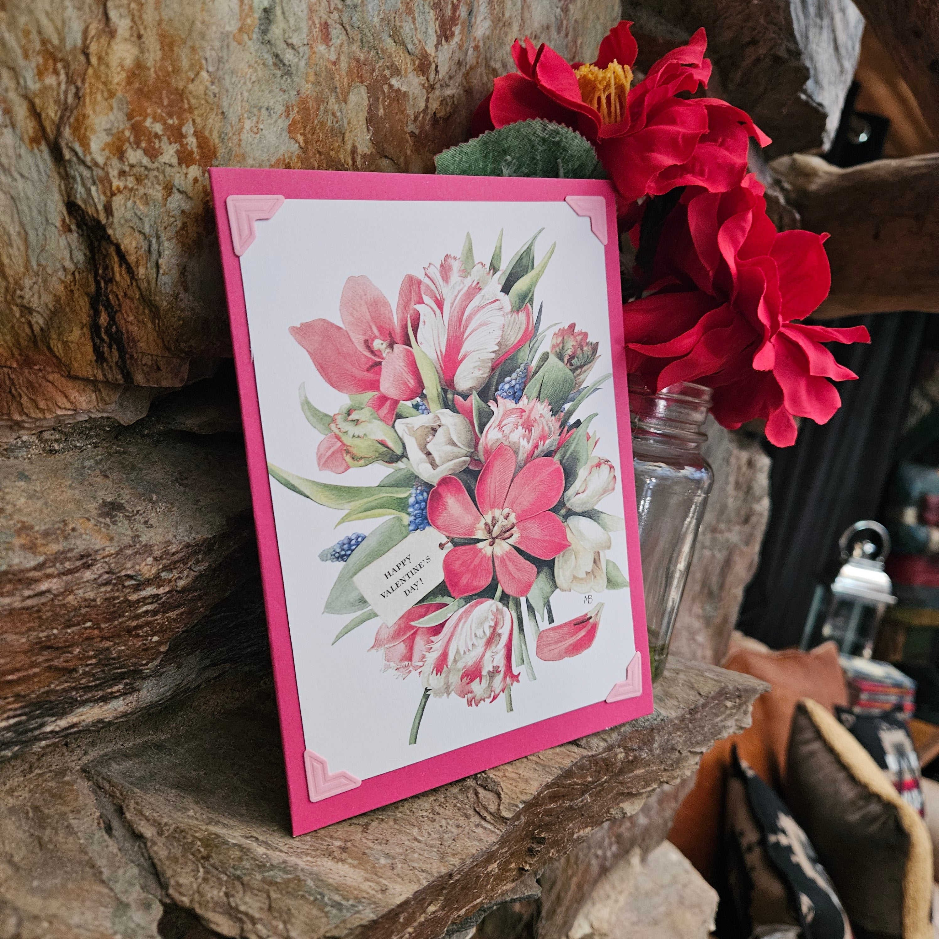 Beautifully Hand Crafted Custom Created Greeting Card Series by Diane Stegman "Red Flower Boquet"