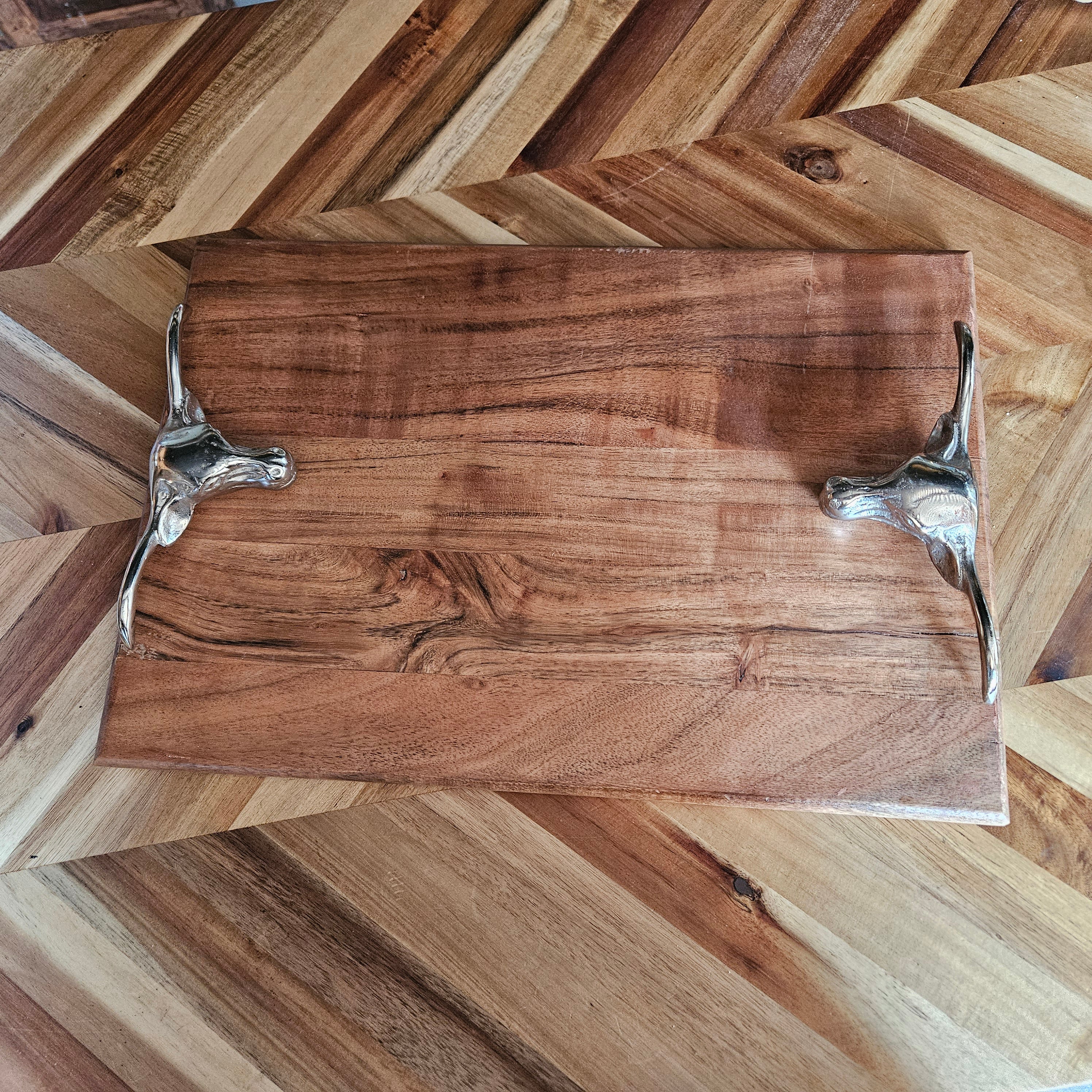 Wood Serving Tray with Metal Bull Handles