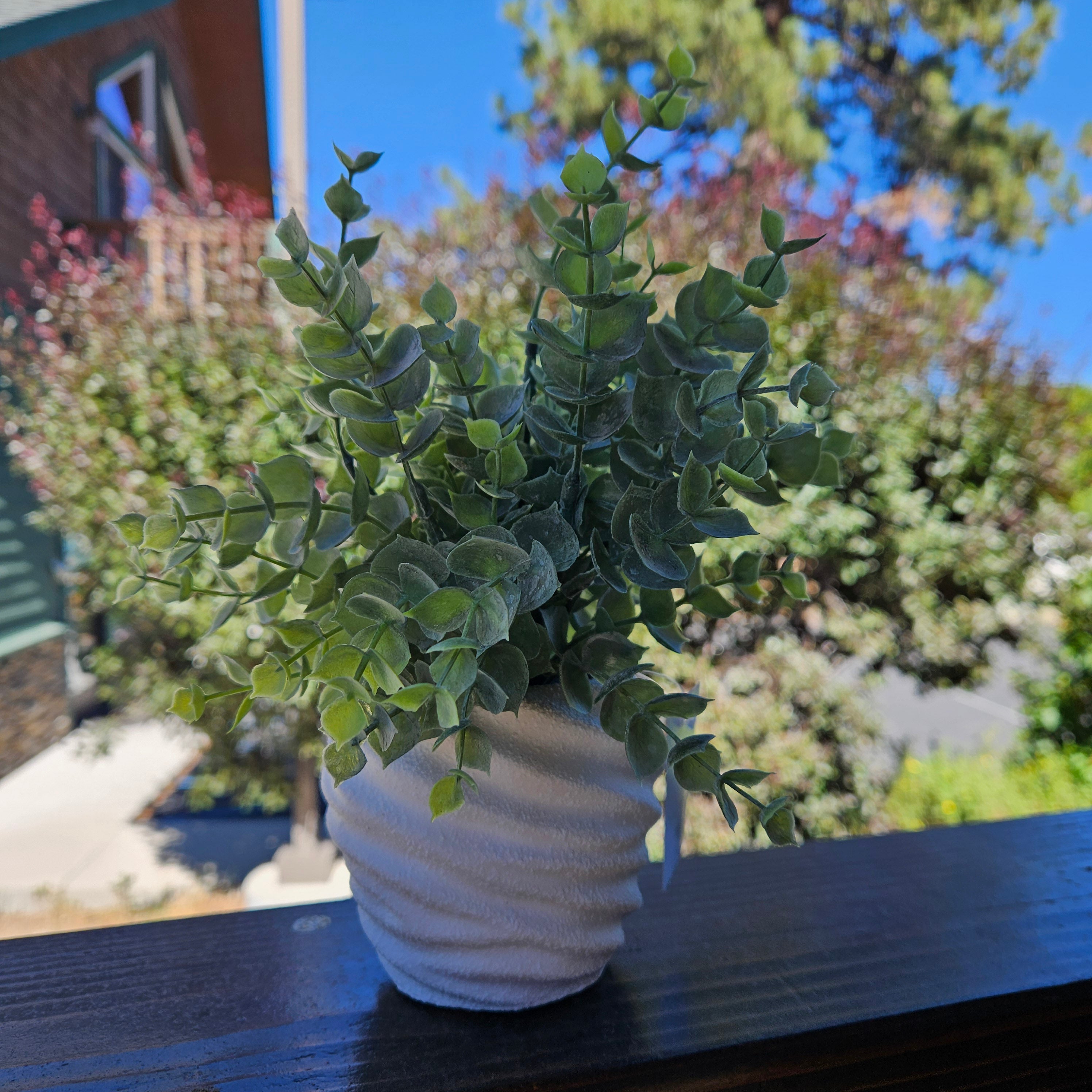 Faux Powered Eucalyptus Plant in a Rounded Ripple Ceramic Pot