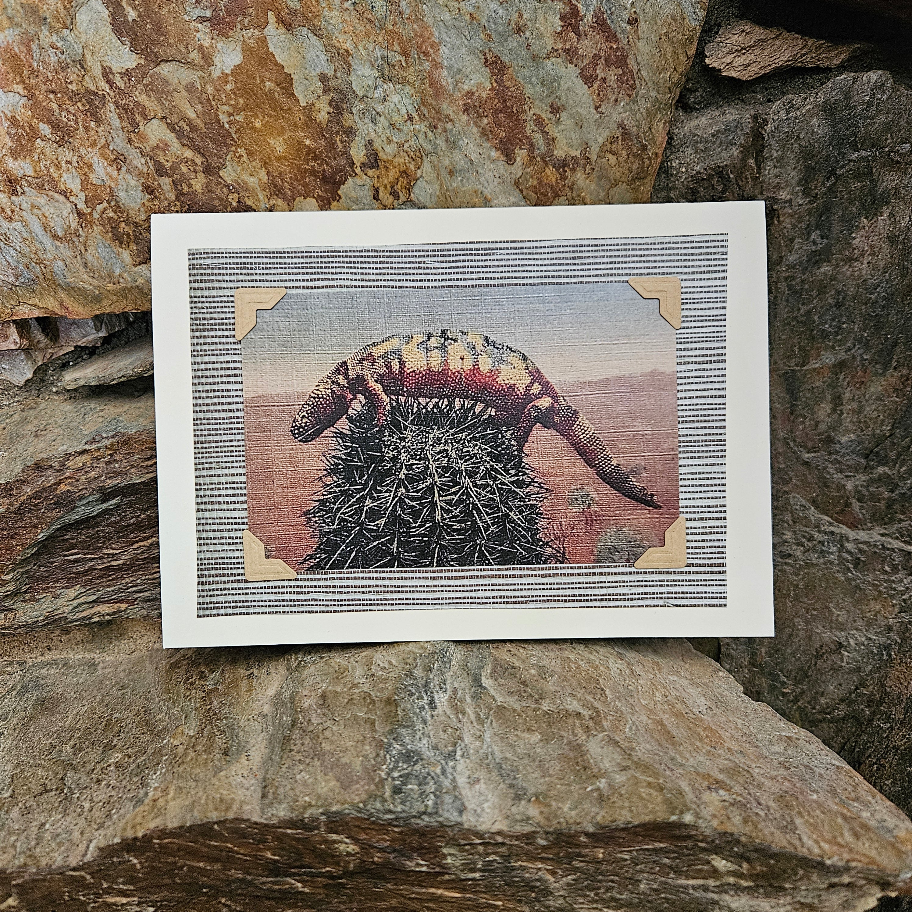 Beautifully Hand Crafted Custom Created Greeting Card Series by Diane Stegman "Gila Monster Lizard on Prickly Cactus"