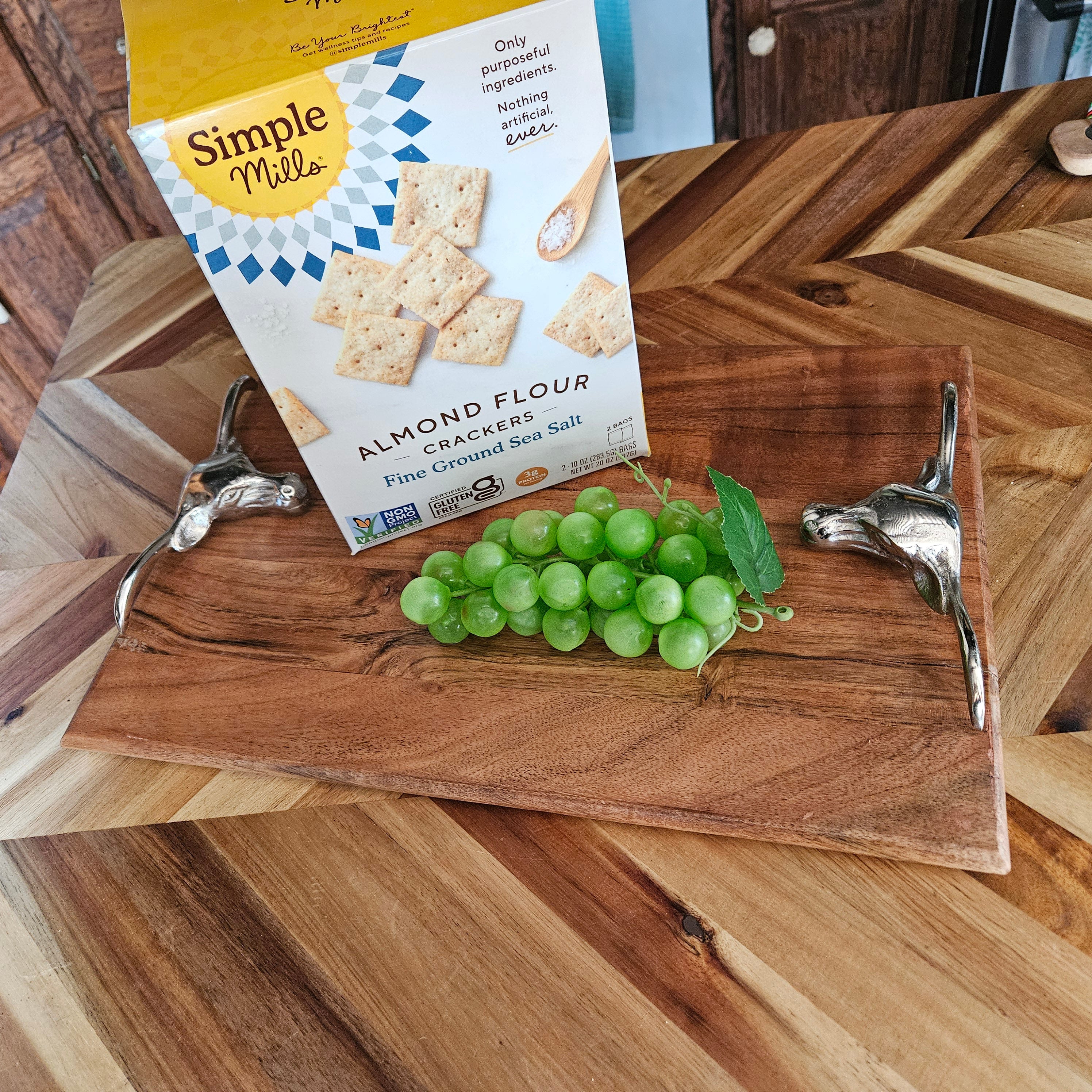 Wood Serving Tray with Metal Bull Handles
