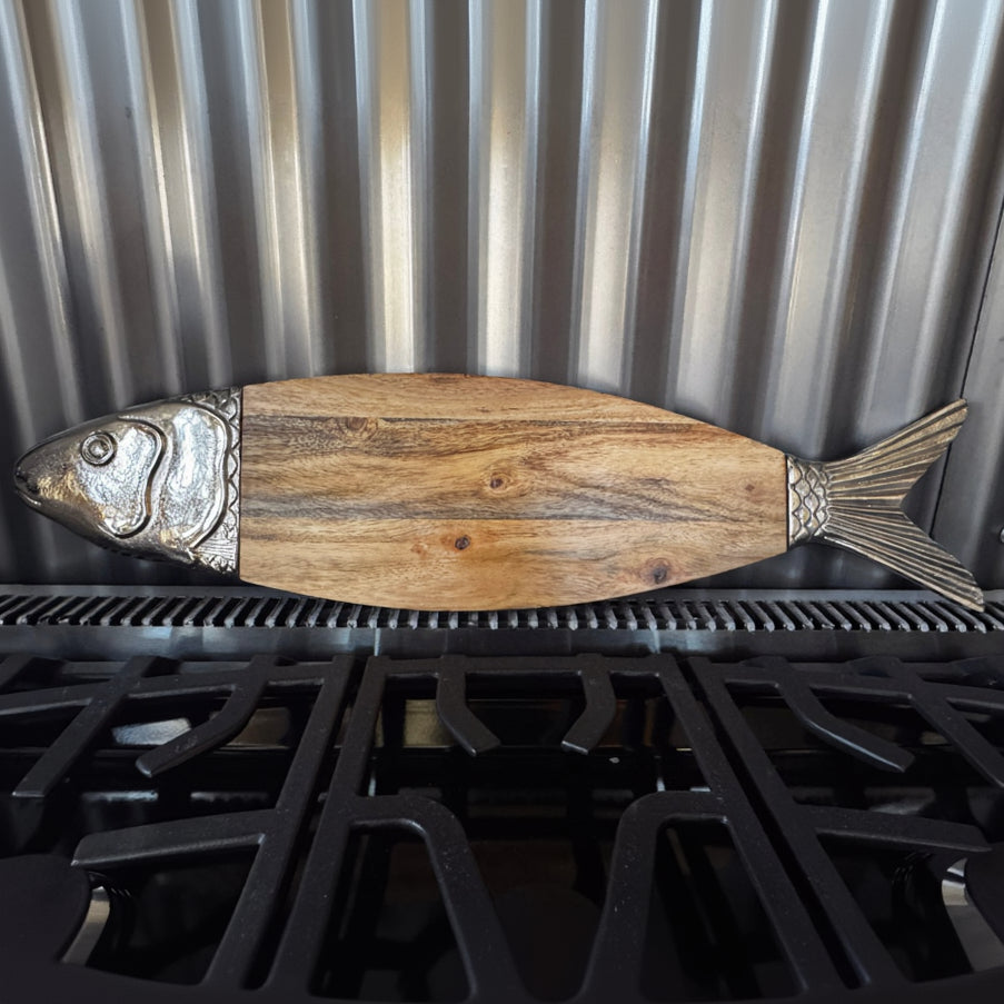 Beautiful Sardine Collection Wood and Pewter Fish Charcuterie Platter
