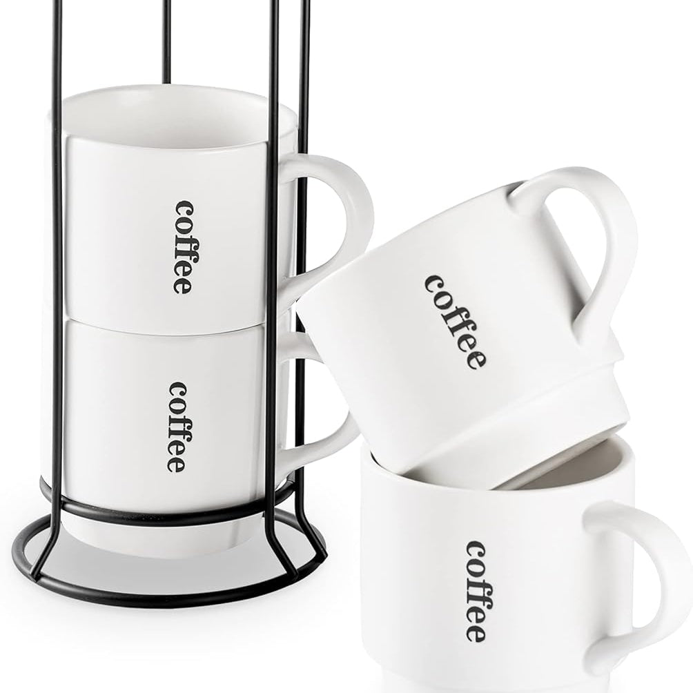 Coffee Mugs Set of 4, 15 Ounce Stackable Coffee Mugs with Rack Latte Cup Porcelain Mugs for Coffee