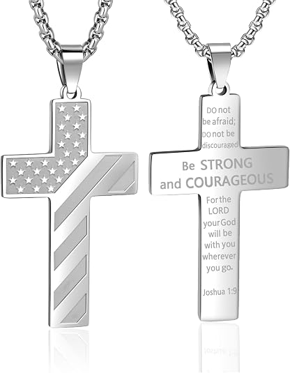 Joshua 1:9 “Be Strong & Courageous” Cross Necklace – Stainless Steel