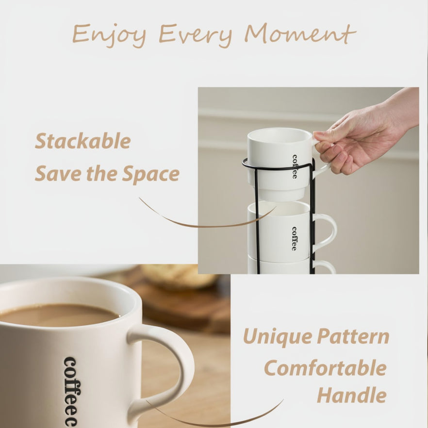 Coffee Mugs Set of 4, 15 Ounce Stackable Coffee Mugs with Rack Latte Cup Porcelain Mugs for Coffee