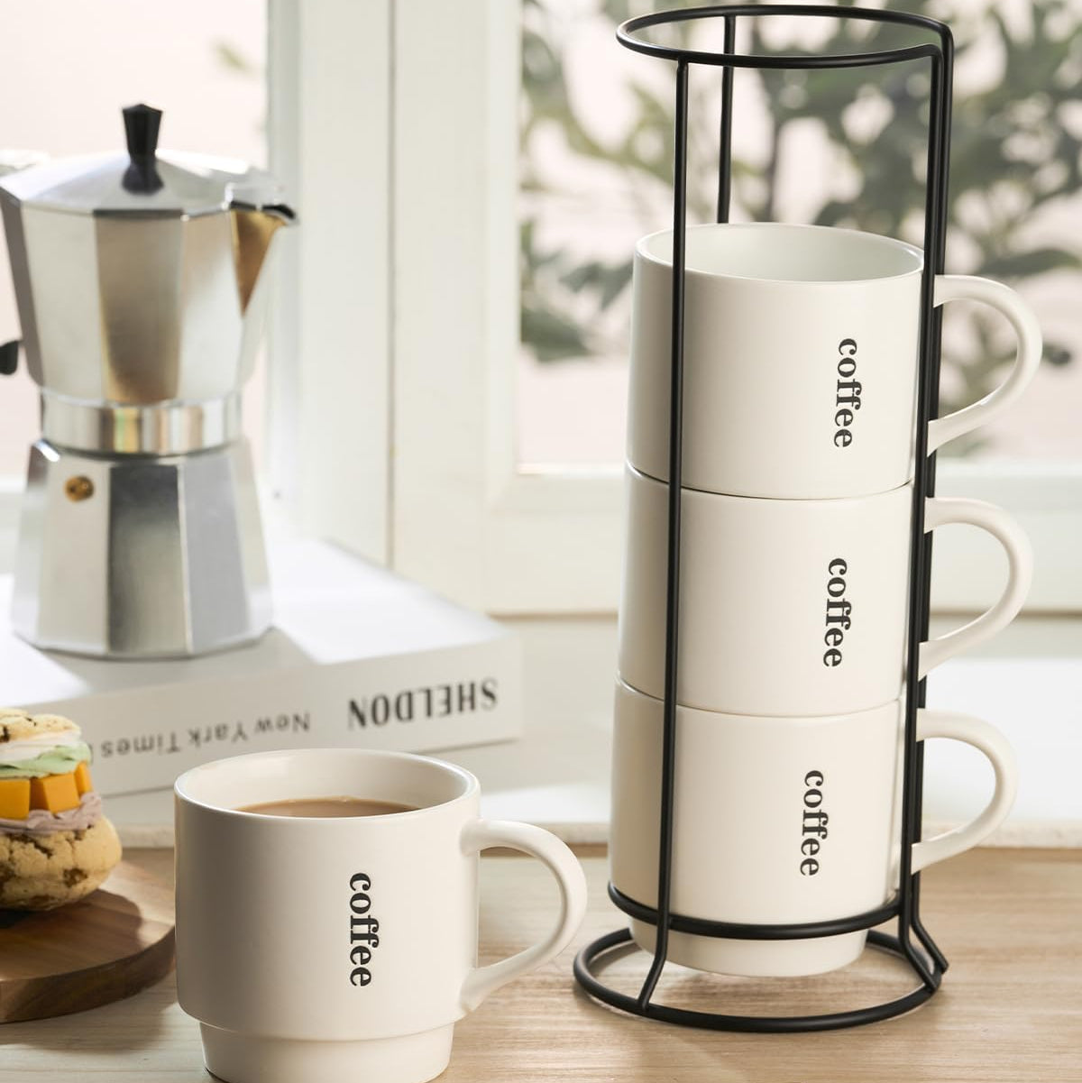 Coffee Mugs Set of 4, 15 Ounce Stackable Coffee Mugs with Rack Latte Cup Porcelain Mugs for Coffee
