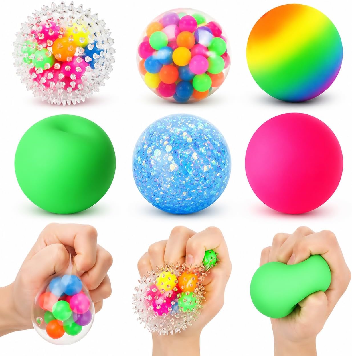 Six-piece sensory stress ball set featuring assorted squishy fidget balls including spiky, bead-filled, rainbow, glitter, foam, and smooth styles for stress relief, sensory play, and focus.