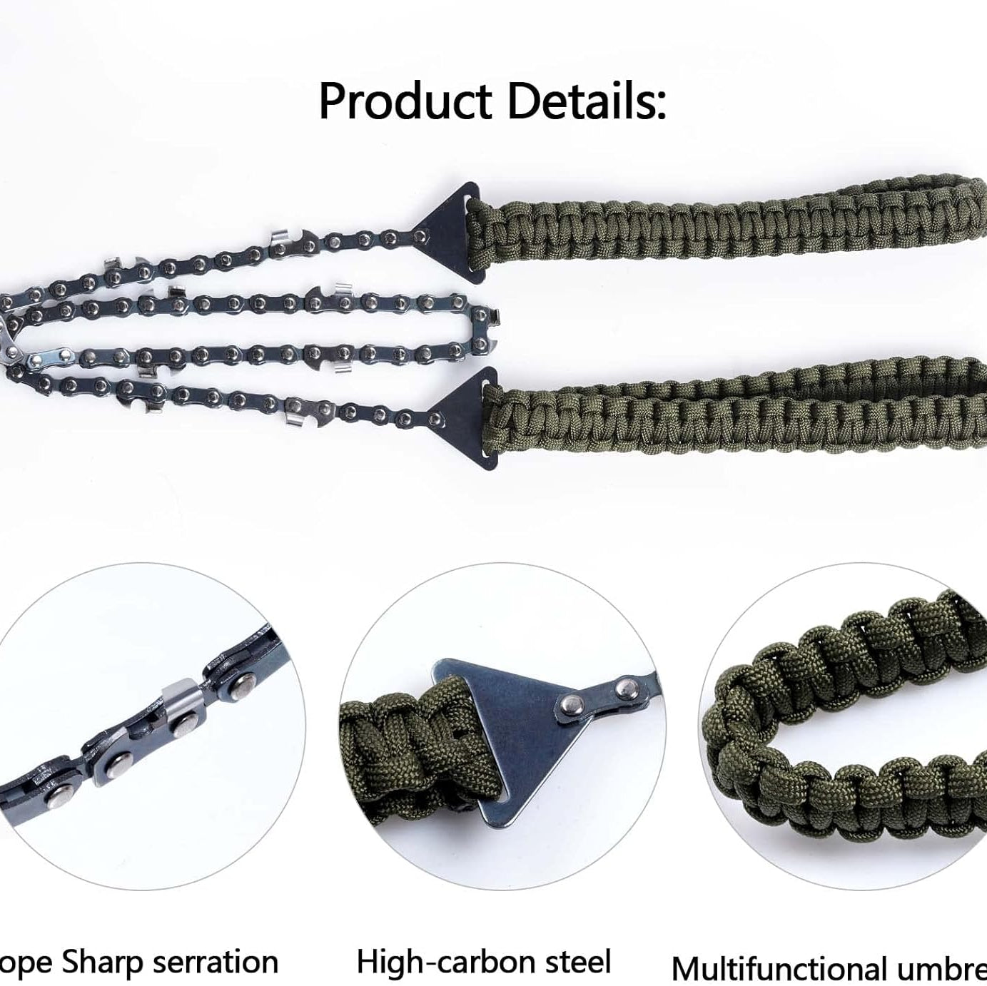 Multifunctional tool with rope sharpener, high-carbon steel blade, and umbrella feature on a white background.