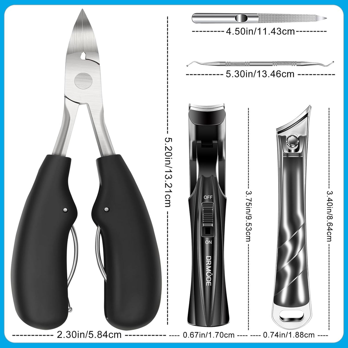 DR.MODE 5-Piece Heavy Duty Toenail Clipper Set for Thick Nails | Professional Ingrown Nail Care Kit