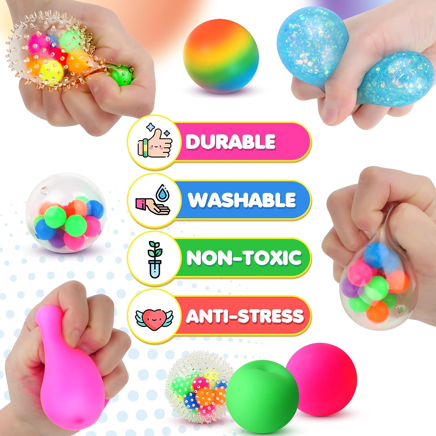 Six-piece sensory stress ball set featuring assorted squishy fidget balls including spiky, bead-filled, rainbow, glitter, foam, and smooth styles for stress relief, sensory play, and focus.