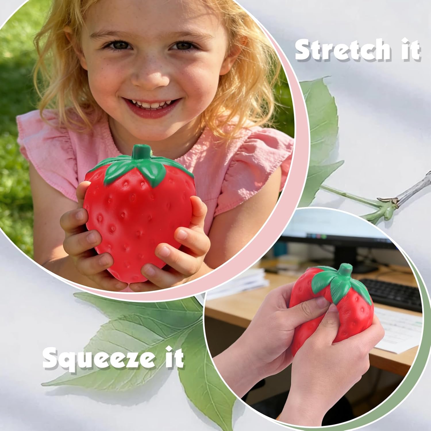 Large red strawberry-shaped Anboor squishy toy made from scented slow-rising PU foam, designed for stress relief, sensory play, fidgeting, and collecting.
