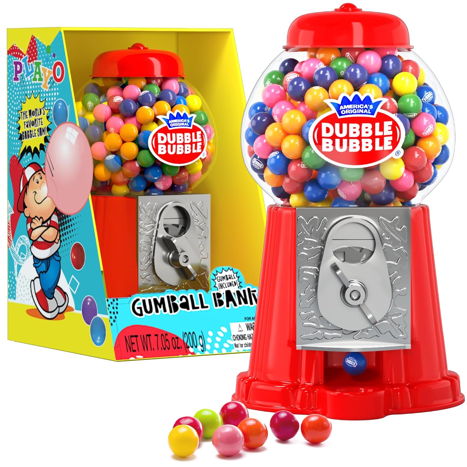 Playo coin-operated gumball bank filled with colorful Dubble Bubble gumballs in original retail packaging, combining a candy dispenser and coin bank in a classic miniature gumball machine design.