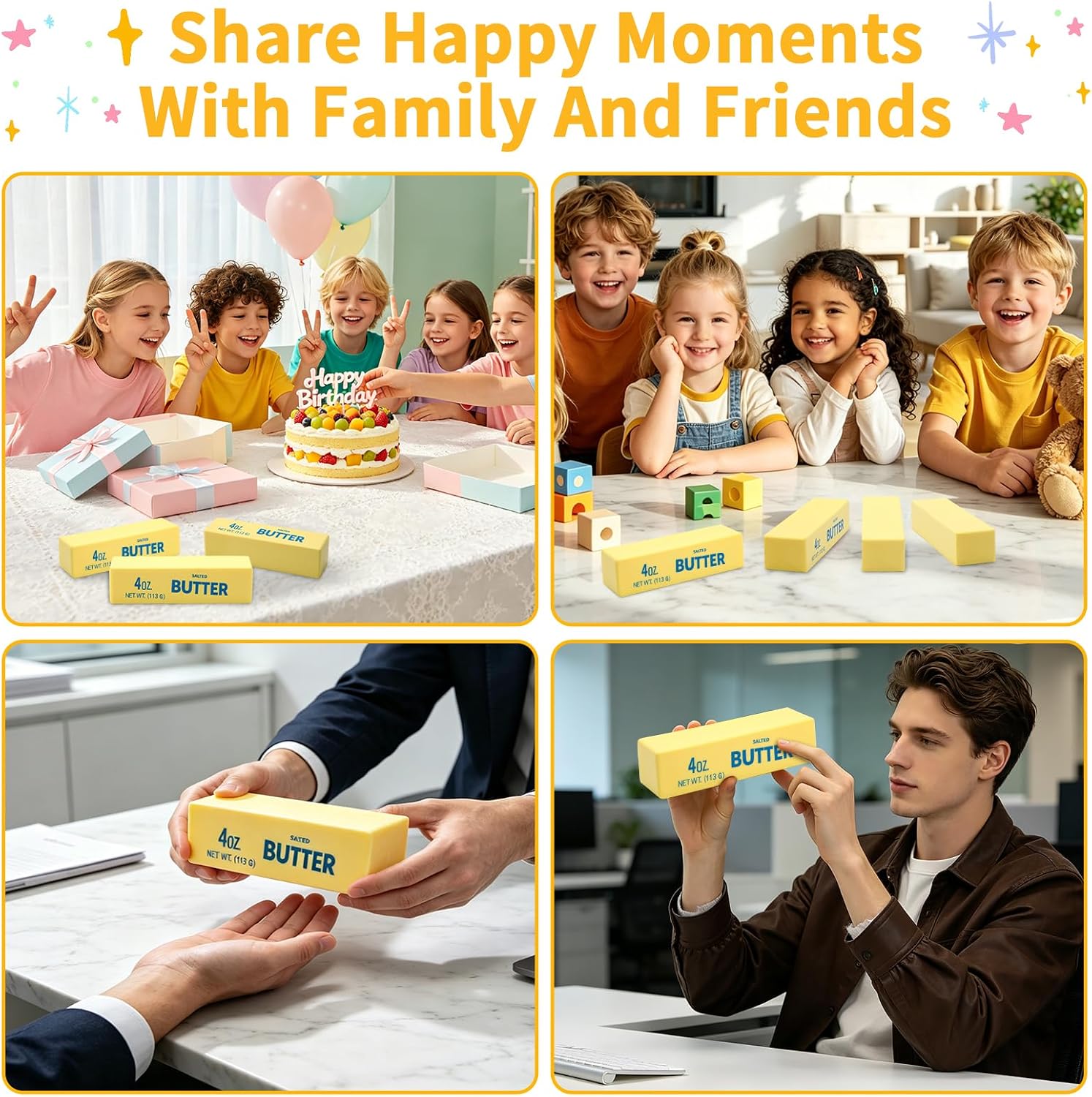 Giant yellow butter stick squishy toy made from slow-rising PU foam, designed as a realistic butter block for stress relief, sensory play, fidgeting, and novelty gifting.