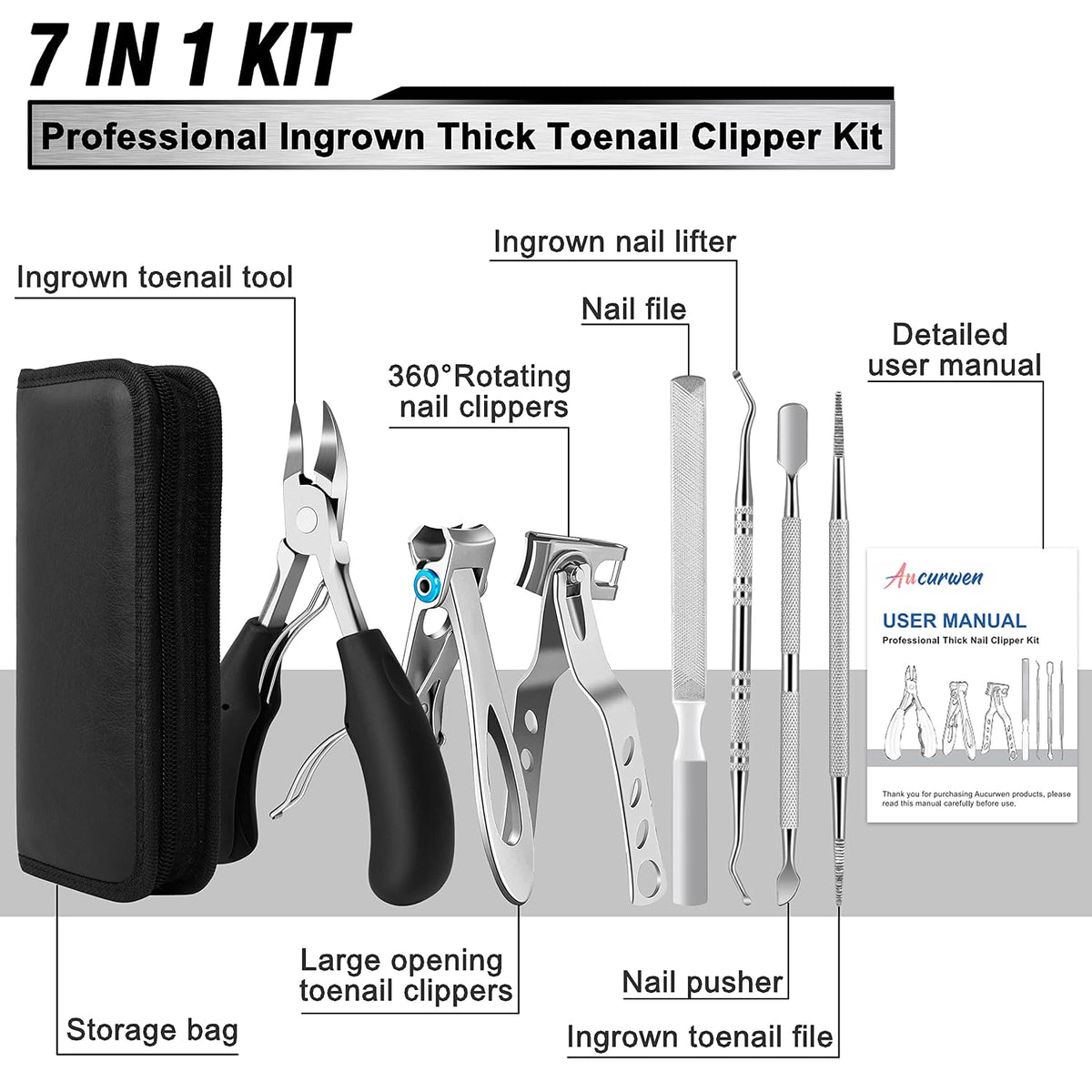 Aucurwen 7-Piece Heavy Duty Toenail Clipper Set for Thick Nails | Professional Pedicure Kit