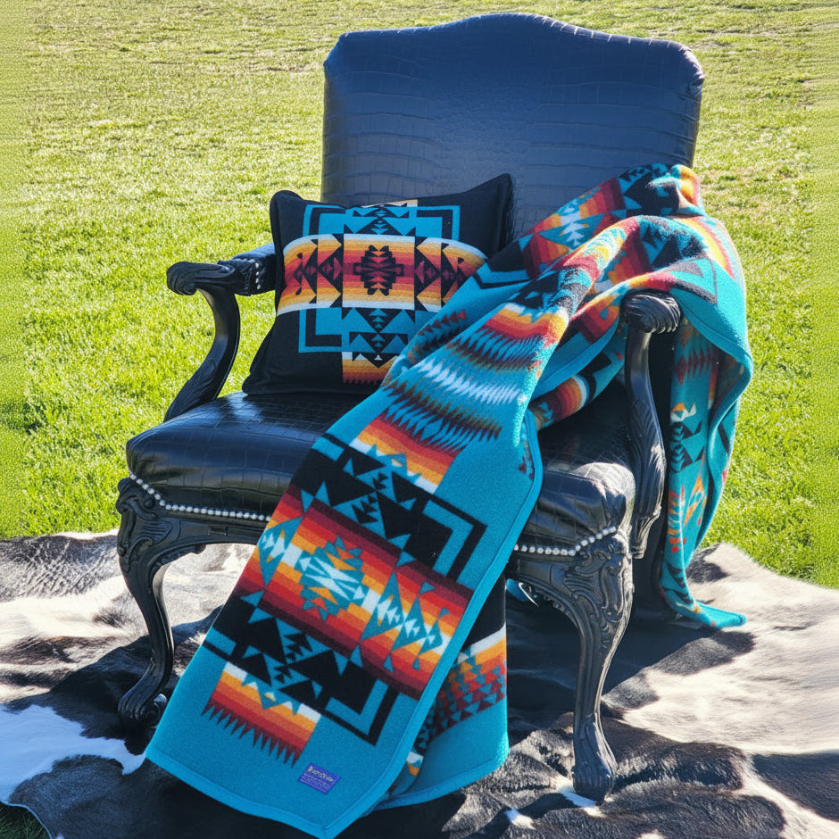 Pendleton Beaver State Blanket Featuring Bold Teal Blue with Warm Reds and Oranges