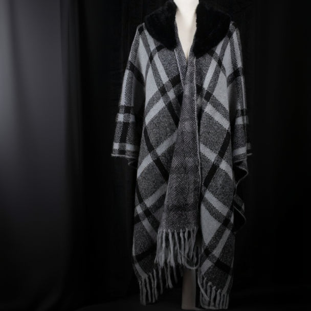 Soft Black & Dark Grey Plaid Poncho with Removable Fur Collar -ONE SIZE