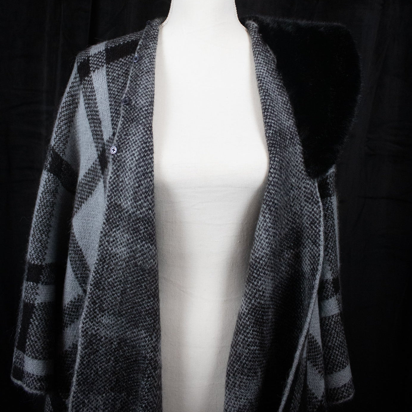 Soft Black & Dark Grey Plaid Poncho with Removable Fur Collar -ONE SIZE