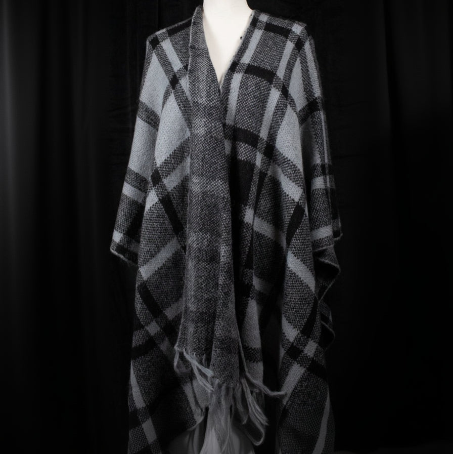 Soft Black & Dark Grey Plaid Poncho with Removable Fur Collar -ONE SIZE
