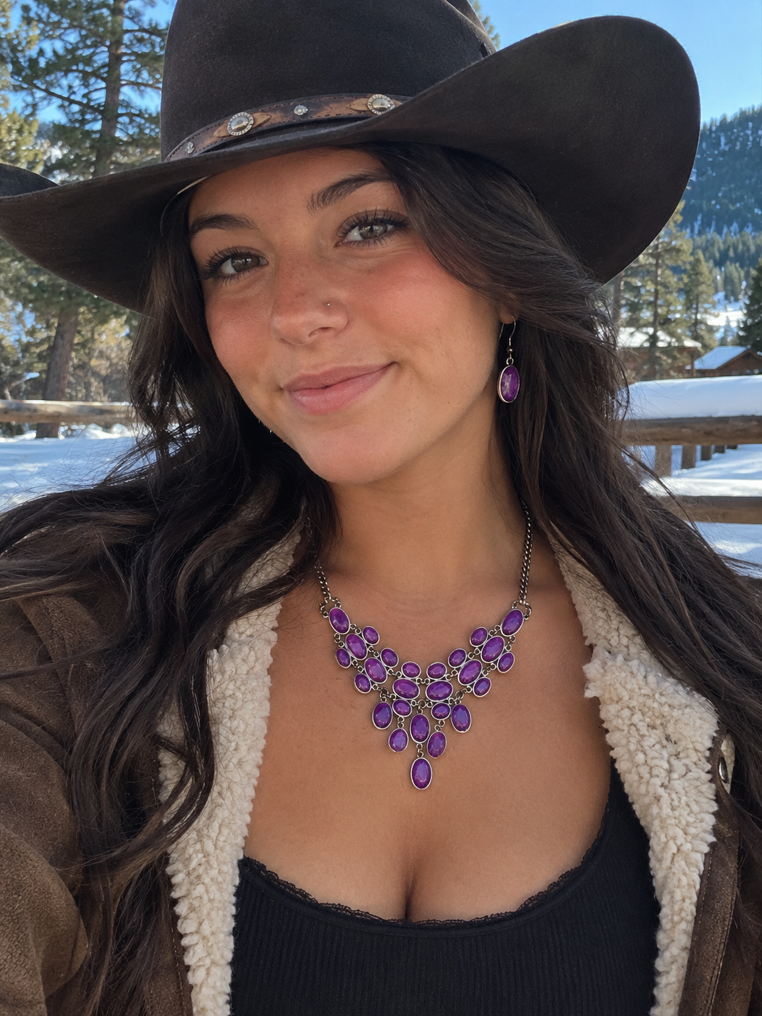 Purple Stone Necklace and Earrings Set