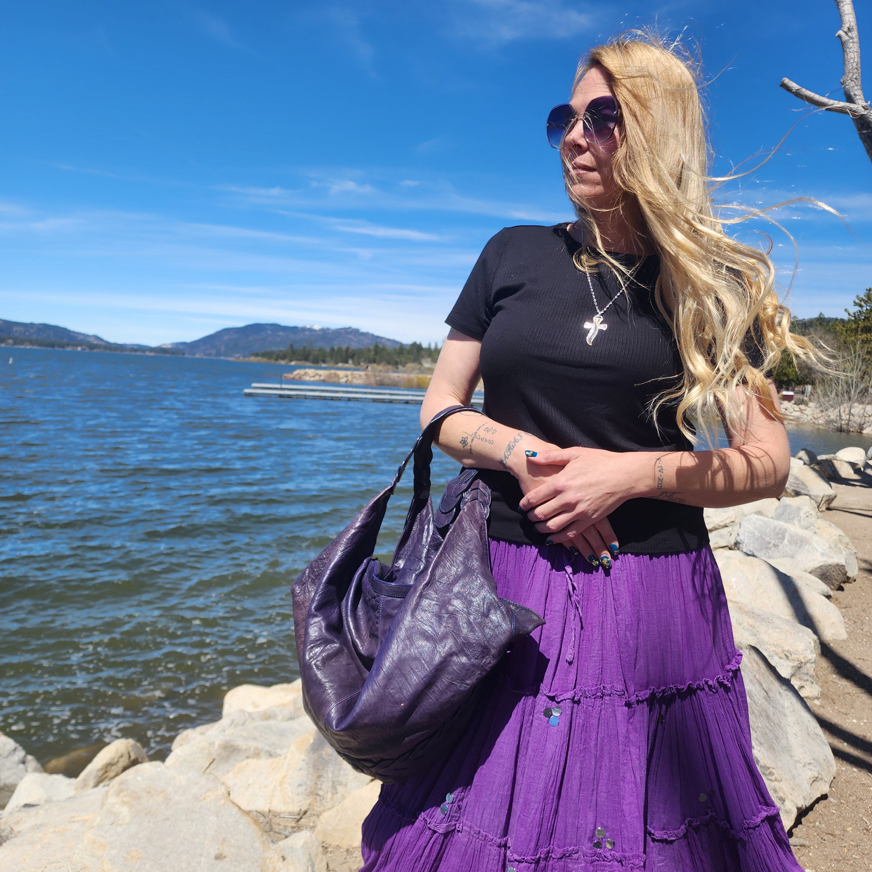 Junior Drake Eggplant Purple leather Handbag with Tassel Accents