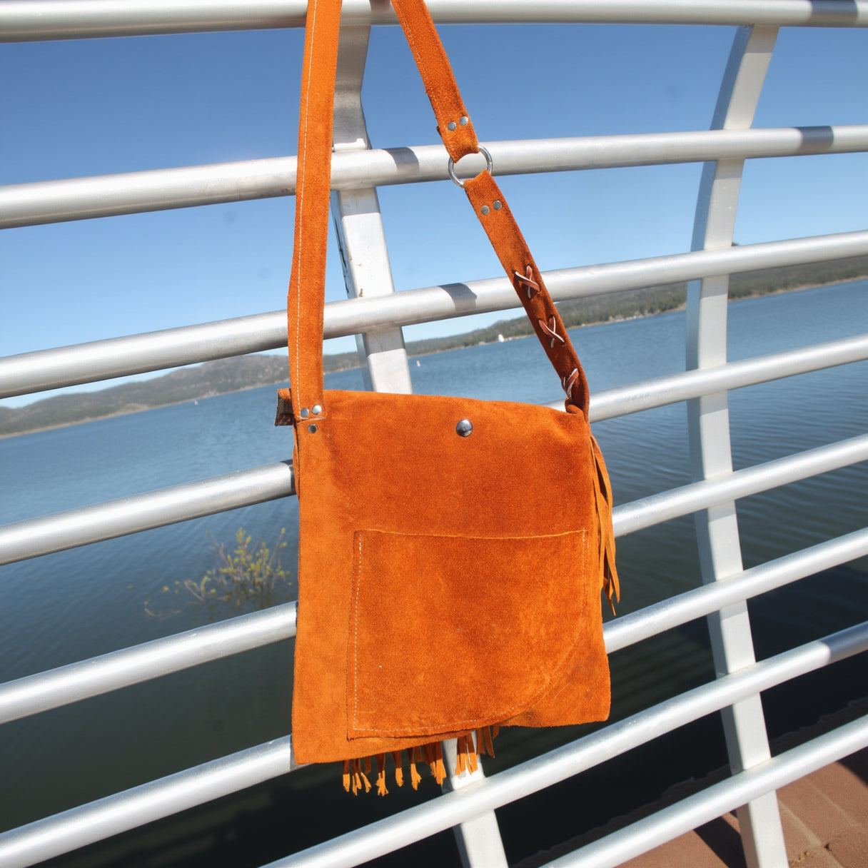 Suede Fringe Over the Shoulder Purse With Striped Lining