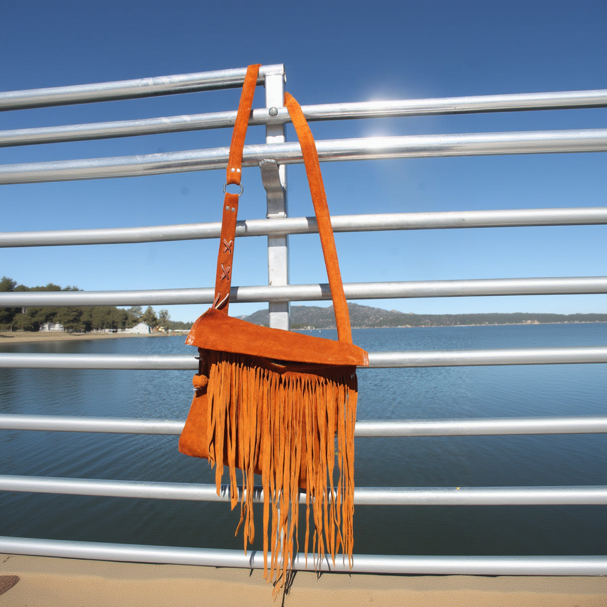 Suede Fringe Over the Shoulder Purse With Striped Lining