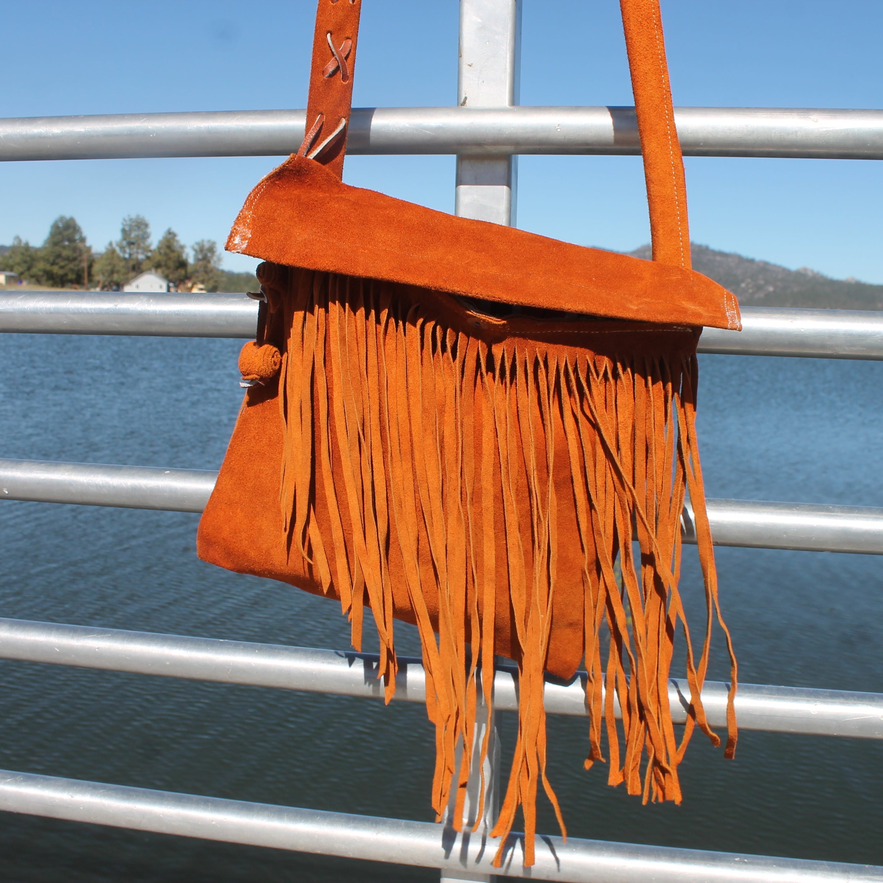 Suede Fringe Over the Shoulder Purse With Striped Lining