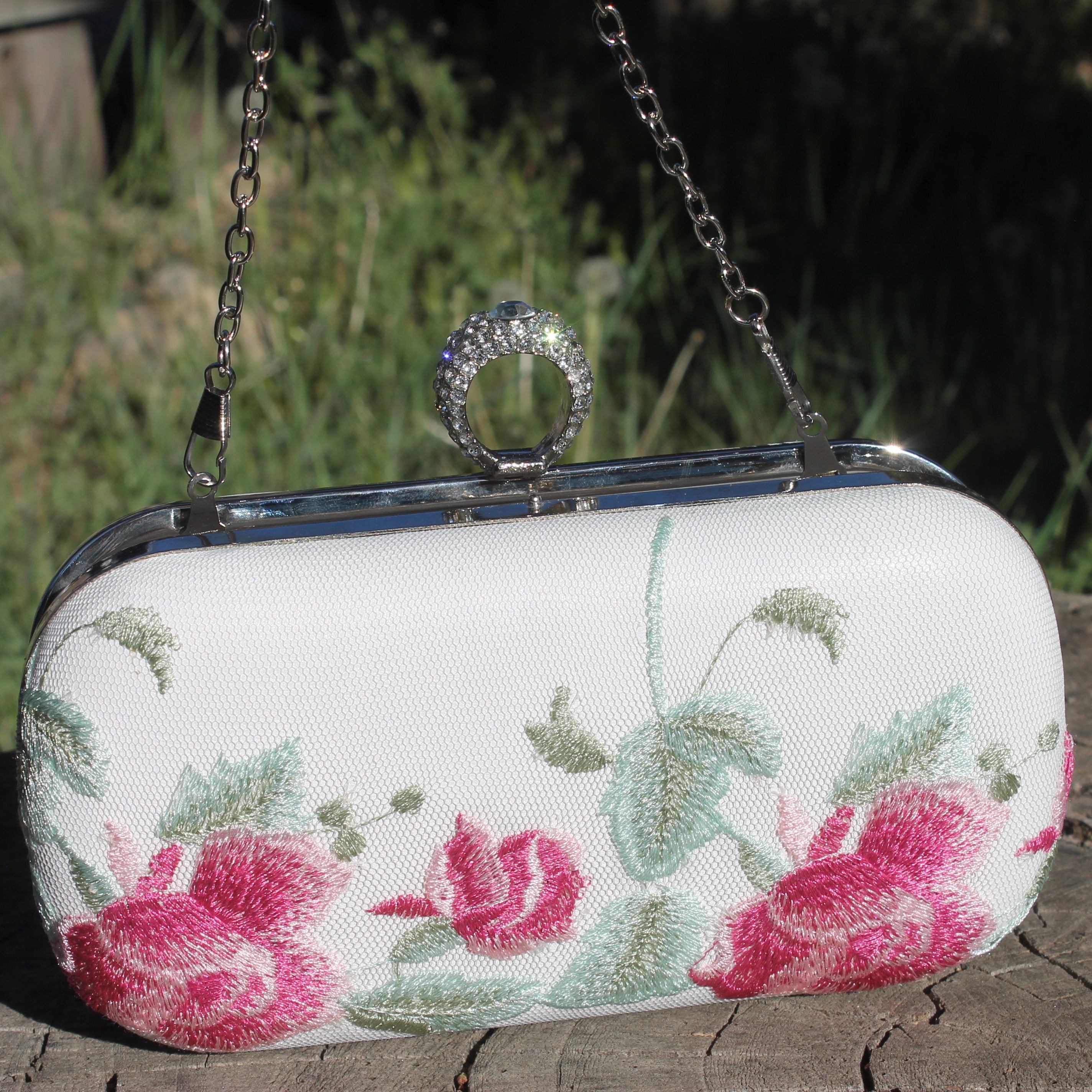 Floral Embroidered Evening Clutch with Detachable Metal Shoulder Strap
