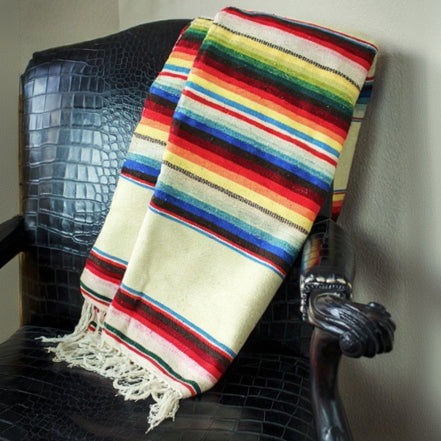Vintage Saltillo Sarape Wool Blanket Tan Multi-Colored