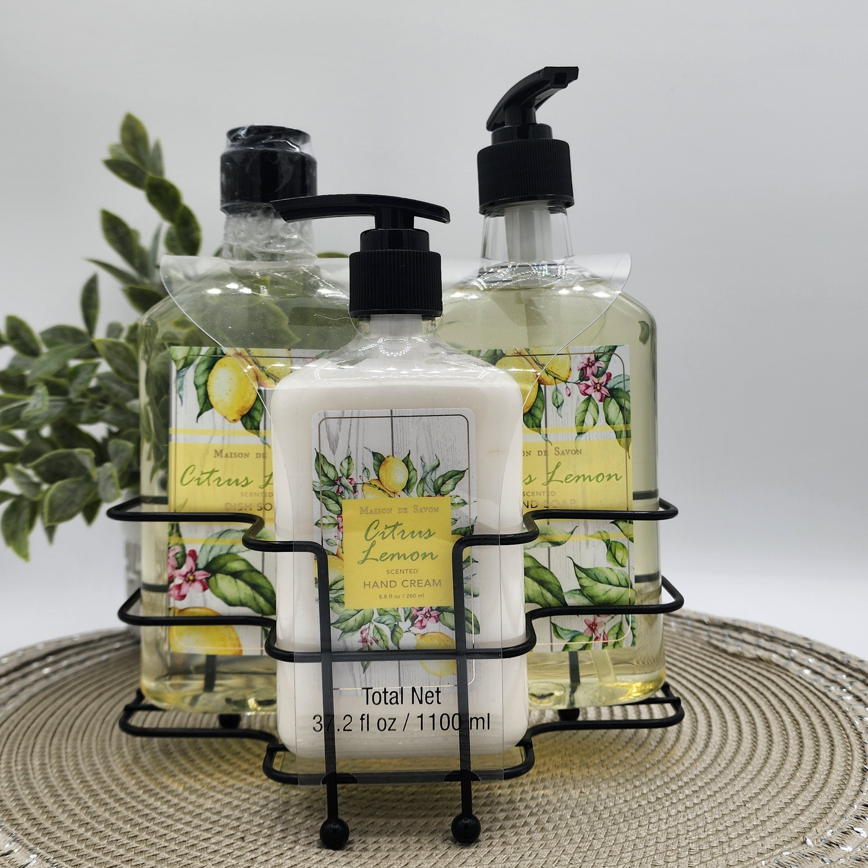 Maison De Savon 3 Piece Citrus Hand Cream & Soap Set with Metal Basket Caddy