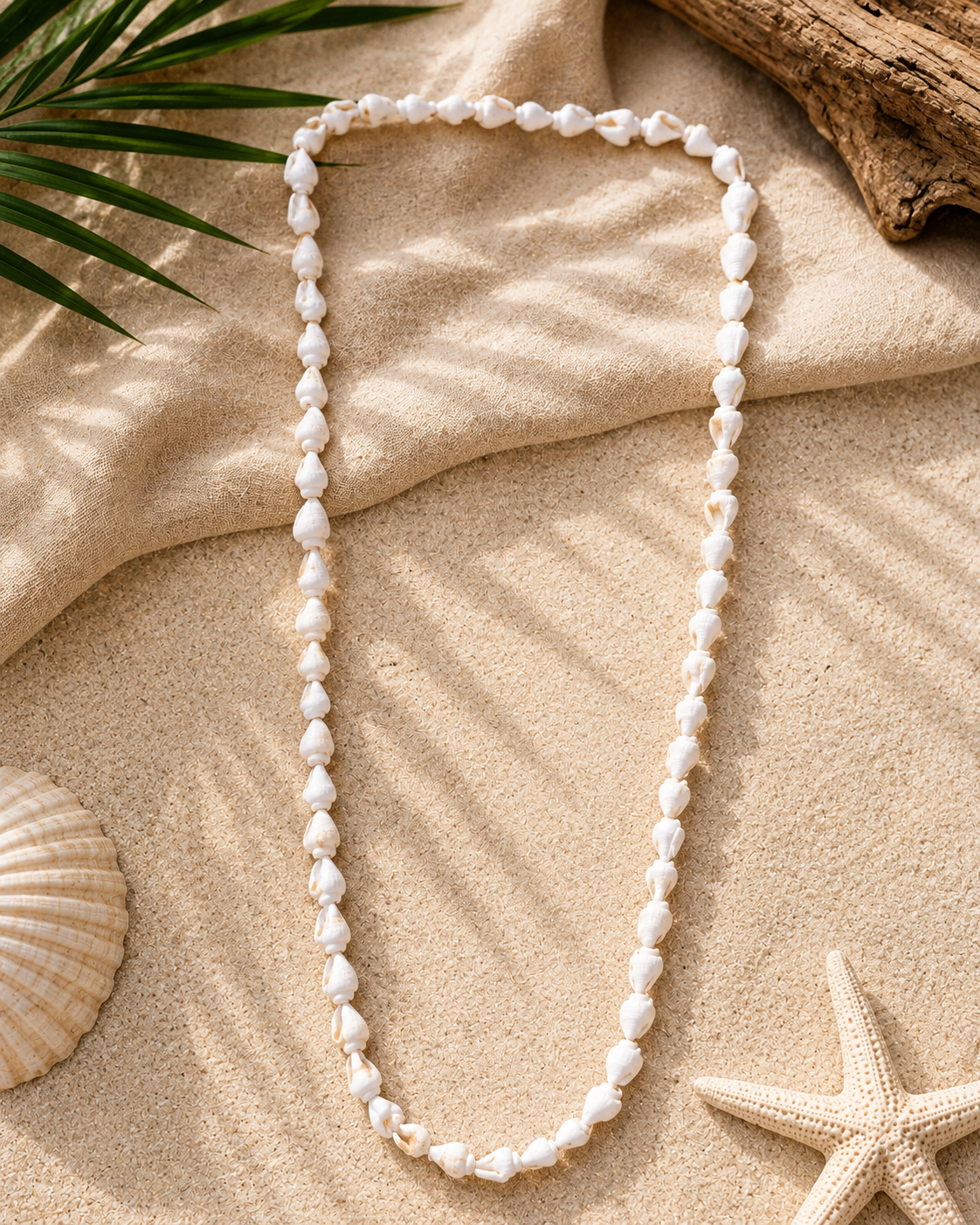 Handmade 24-inch necklace featuring genuine natural white and brown seashells strung in an alternating pattern, creating a lightweight coastal-inspired statement necklace.