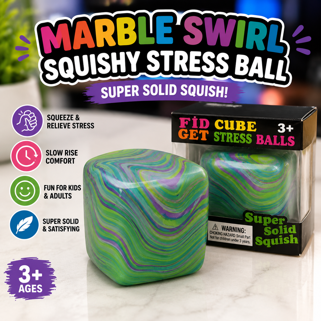 Marble swirl squishy stress ball in green, purple, and blue colors displayed in its original retail packaging labeled "Super Solid Squish."