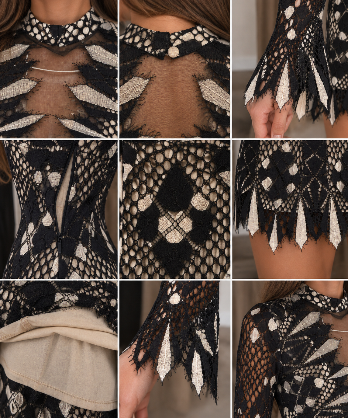 Free People Black & Ivory Lace Mesh Mini Dress with Nude Slip