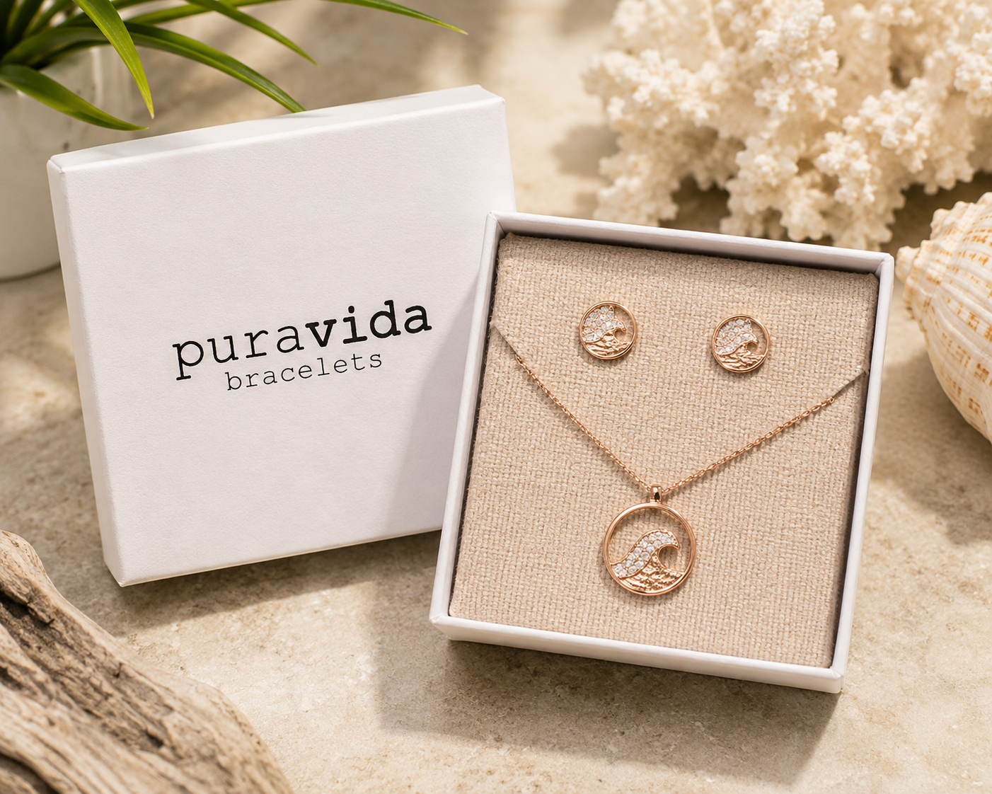 Pura Vida jewelry set, wave necklace, wave earrings, rose gold jewelry, beach jewelry, coastal jewelry, ocean necklace, minimalist jewelry, gift set, women's jewelry, surfer jewelry, Pura Vida necklace, Pura Vida earrings