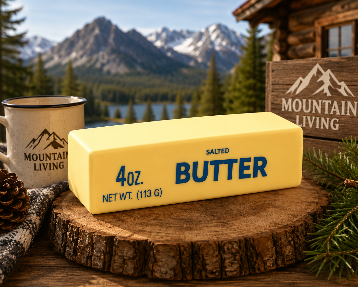 Giant yellow butter stick squishy toy made from slow-rising PU foam, designed as a realistic butter block for stress relief, sensory play, fidgeting, and novelty gifting.