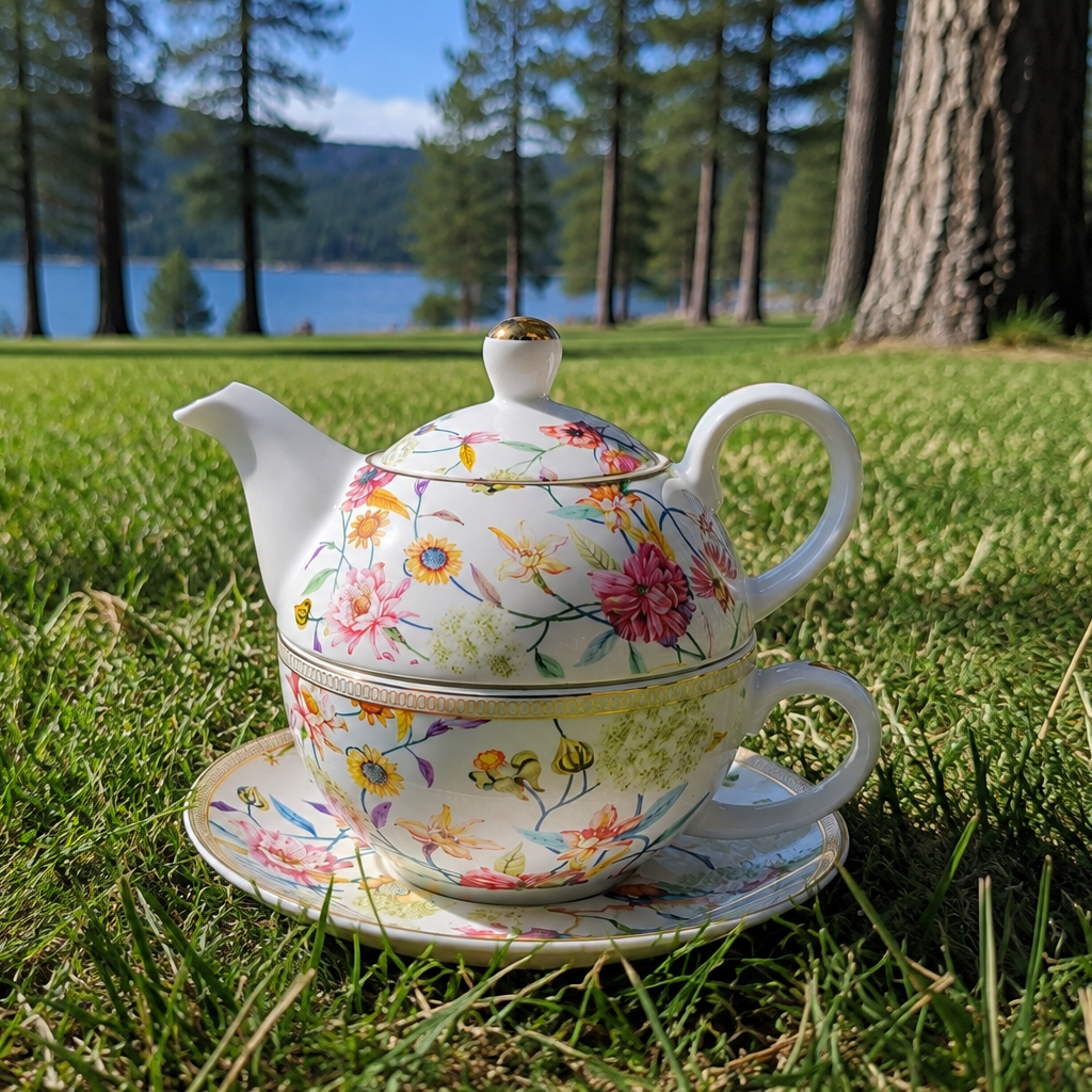Grace Teaware Fine Porcelain Floral Tea for One Teapot Mug & Plate Set