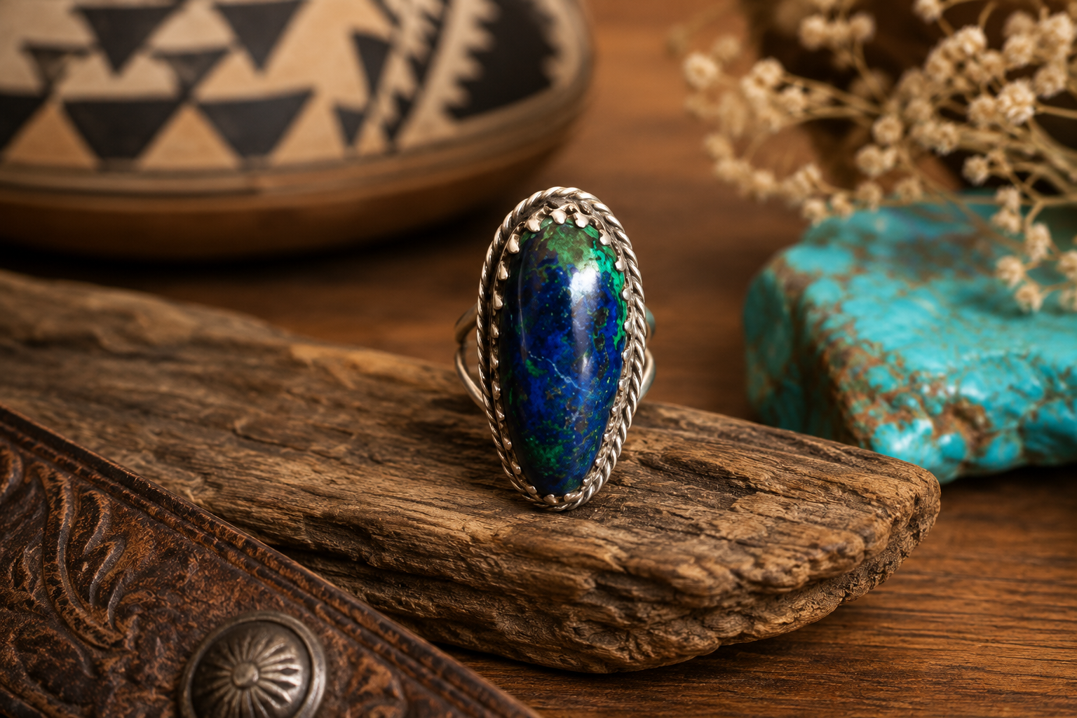 Vintage size 6 Southwestern-style fashion ring featuring an elongated oval blue and green cabochon set in an ornate rope-style bezel with a split shank base metal setting.