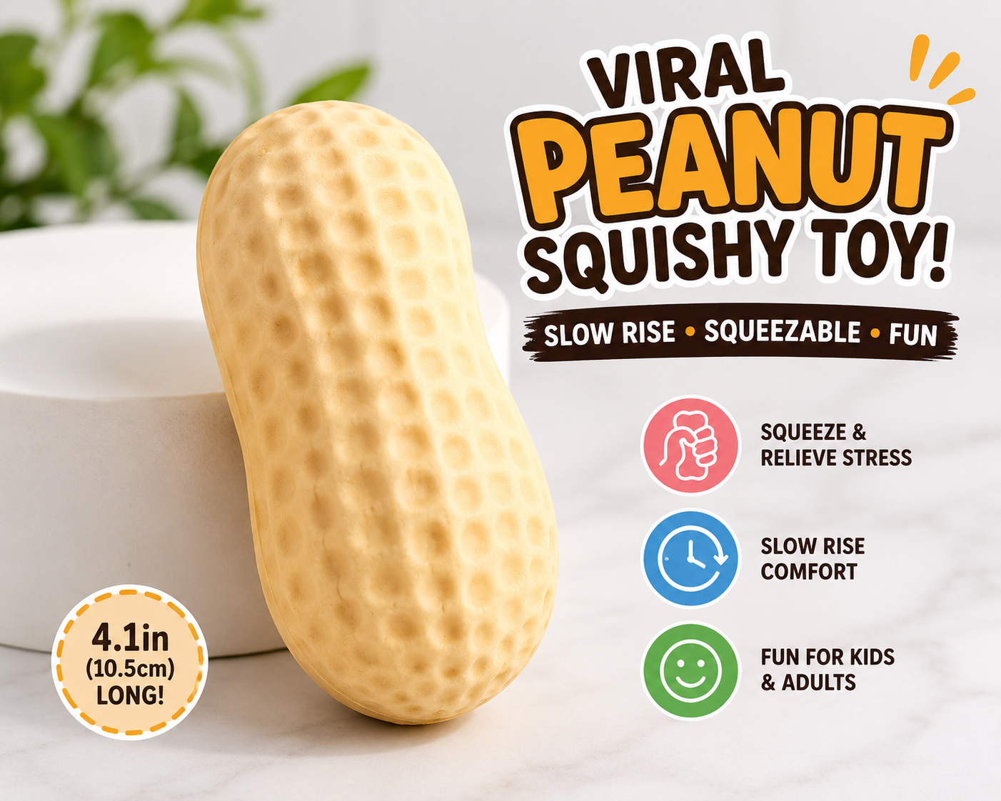 Realistic peanut-shaped slow-rise squishy toy measuring approximately 4.1 inches long, designed for stress relief, sensory play, and fidgeting.