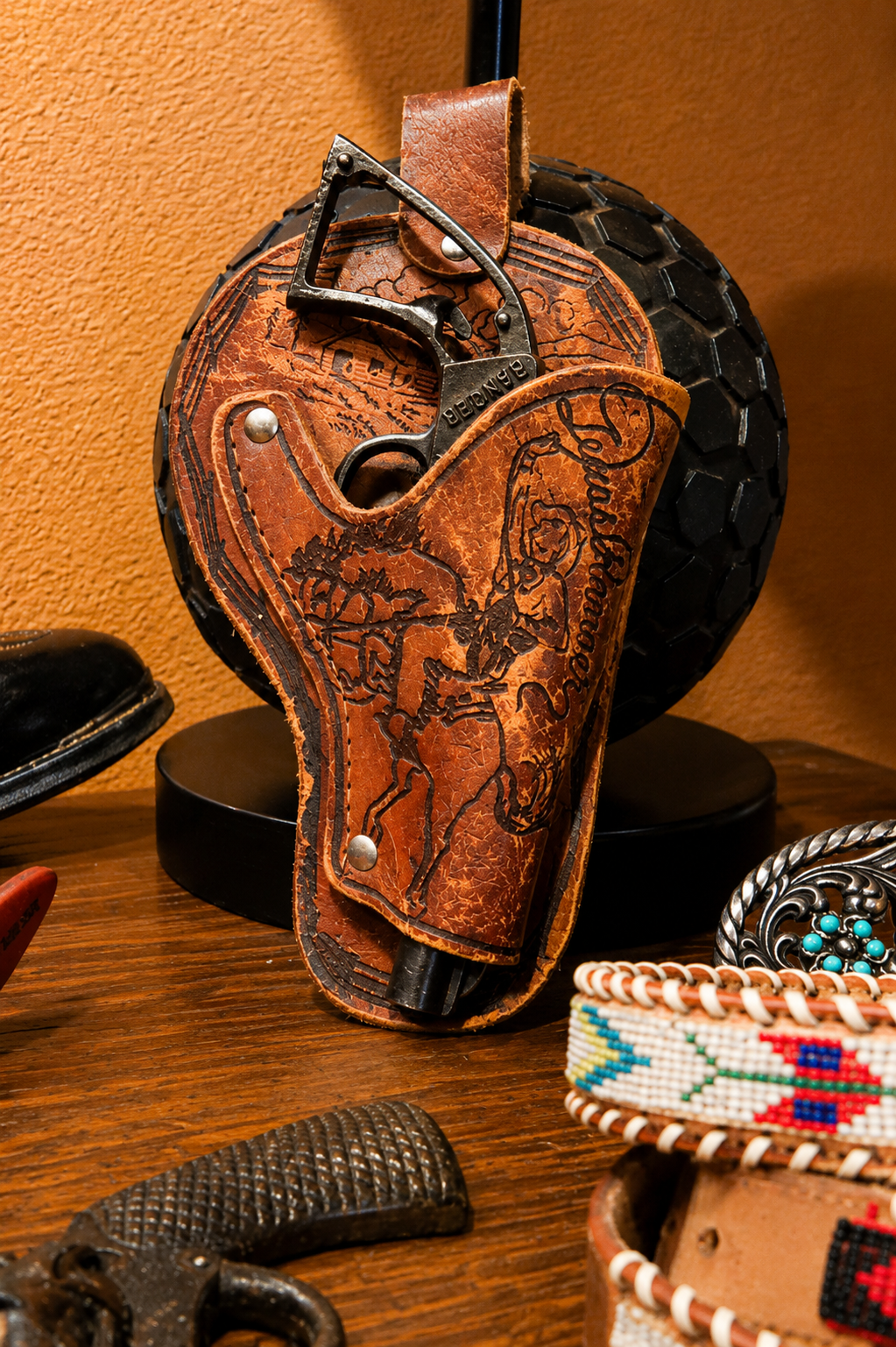 Antique Leather Youth's Gun Holster with Stamped Details