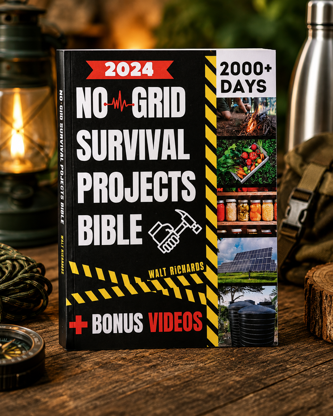 No Grid Survival Projects Bible 2024 Edition paperback book by Walt Richards featuring preparedness, homesteading, off-grid living, and survival project information.