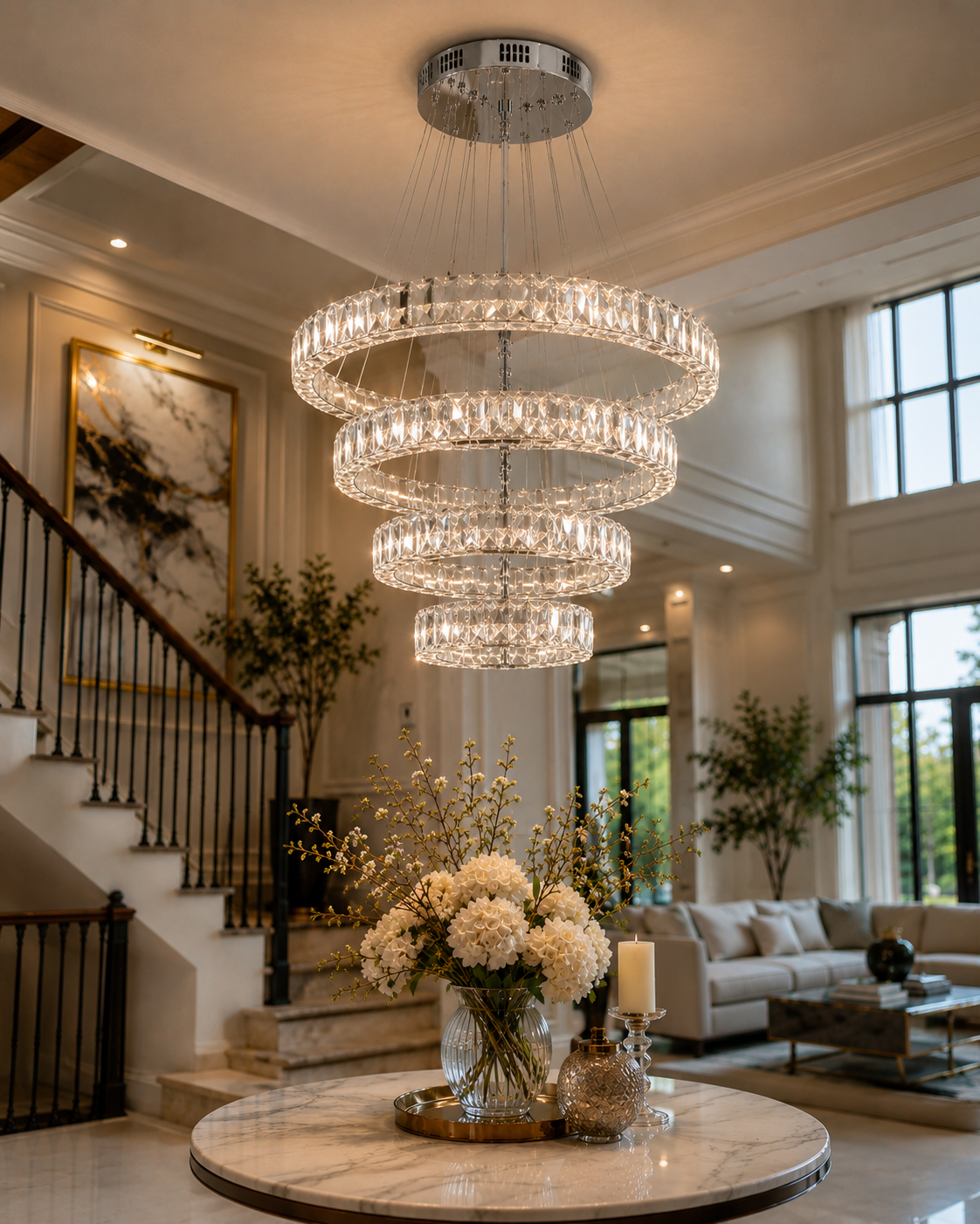 Modern 4-Ring Adjustable LED Crystal Chandelier
